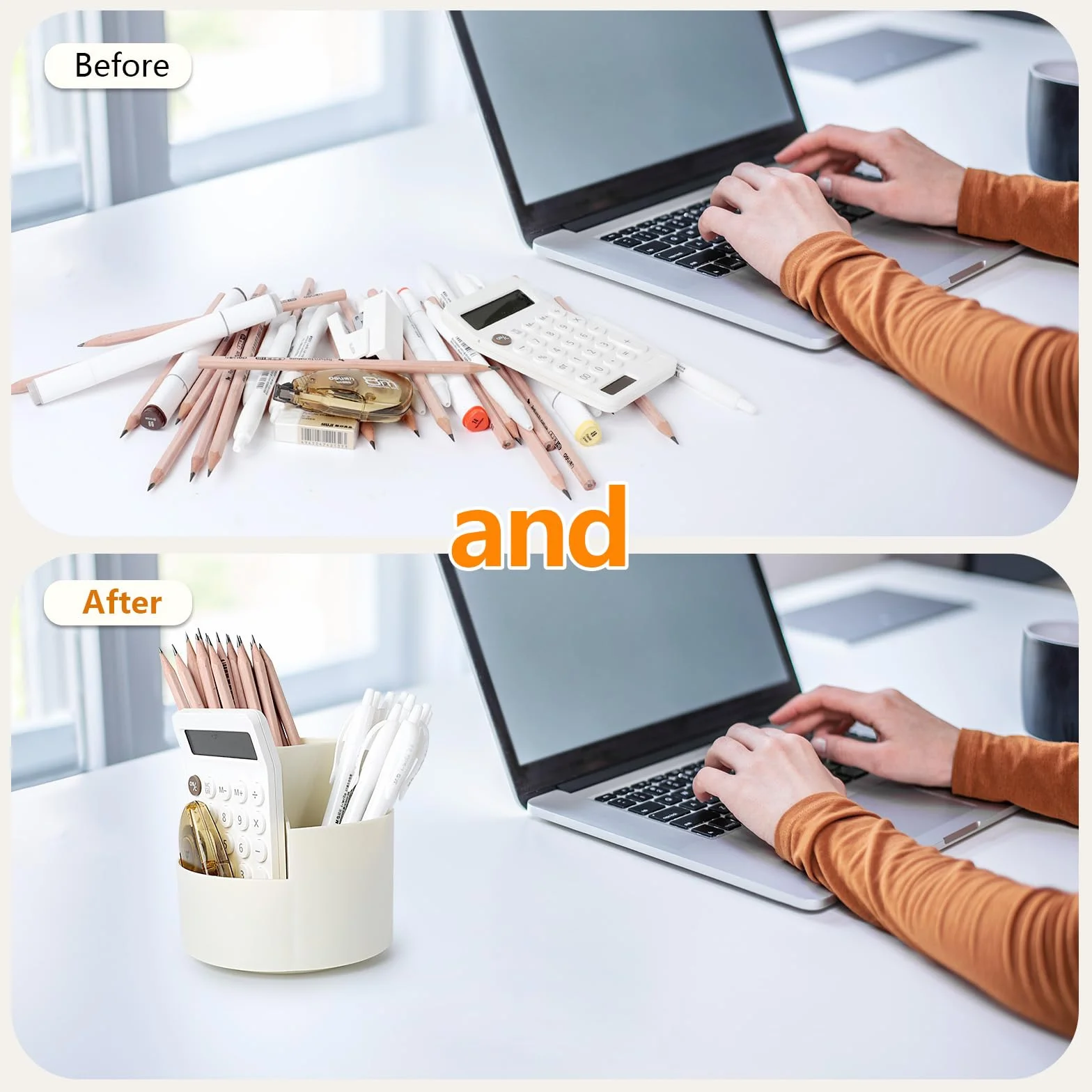 Rotatif Pot à Crayon, Porte-Stylos Pivotant à 360 Degrés avec 3 Compartiments, Rangement de Bureau Grande Capacité - Blanc