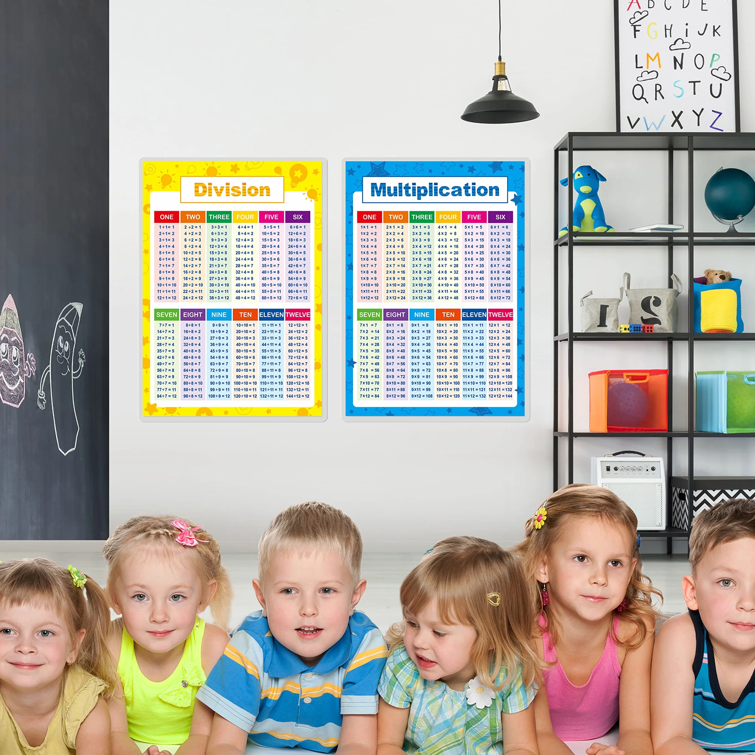 Affiches éducatives laminées de mathématiques, tables de multiplication et division pour enfants, 2 pièces