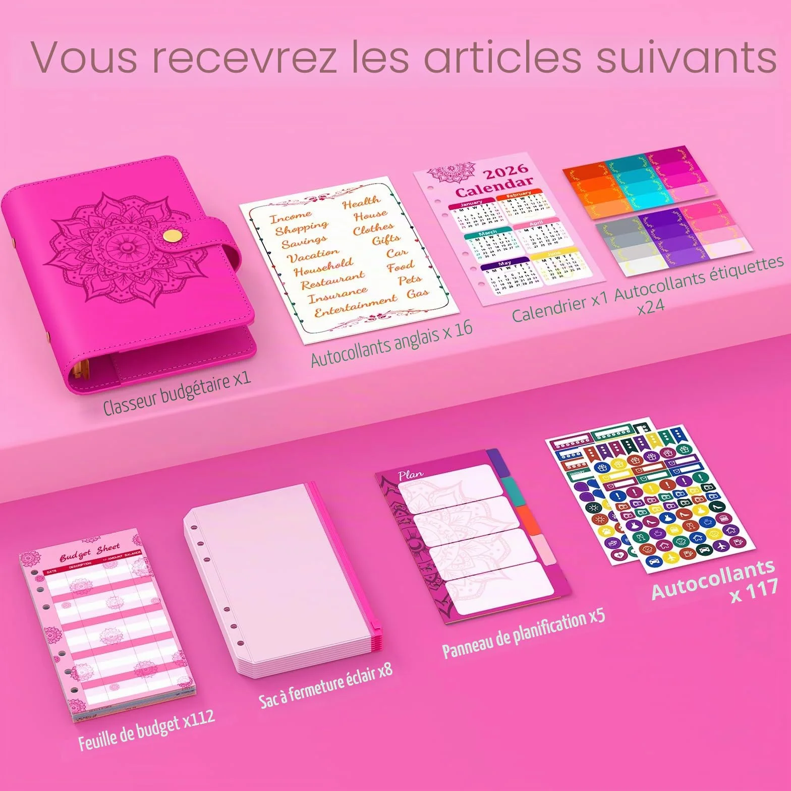 Agenda budgétaire A6 2026 avec planificateur et enveloppes financières rouge
