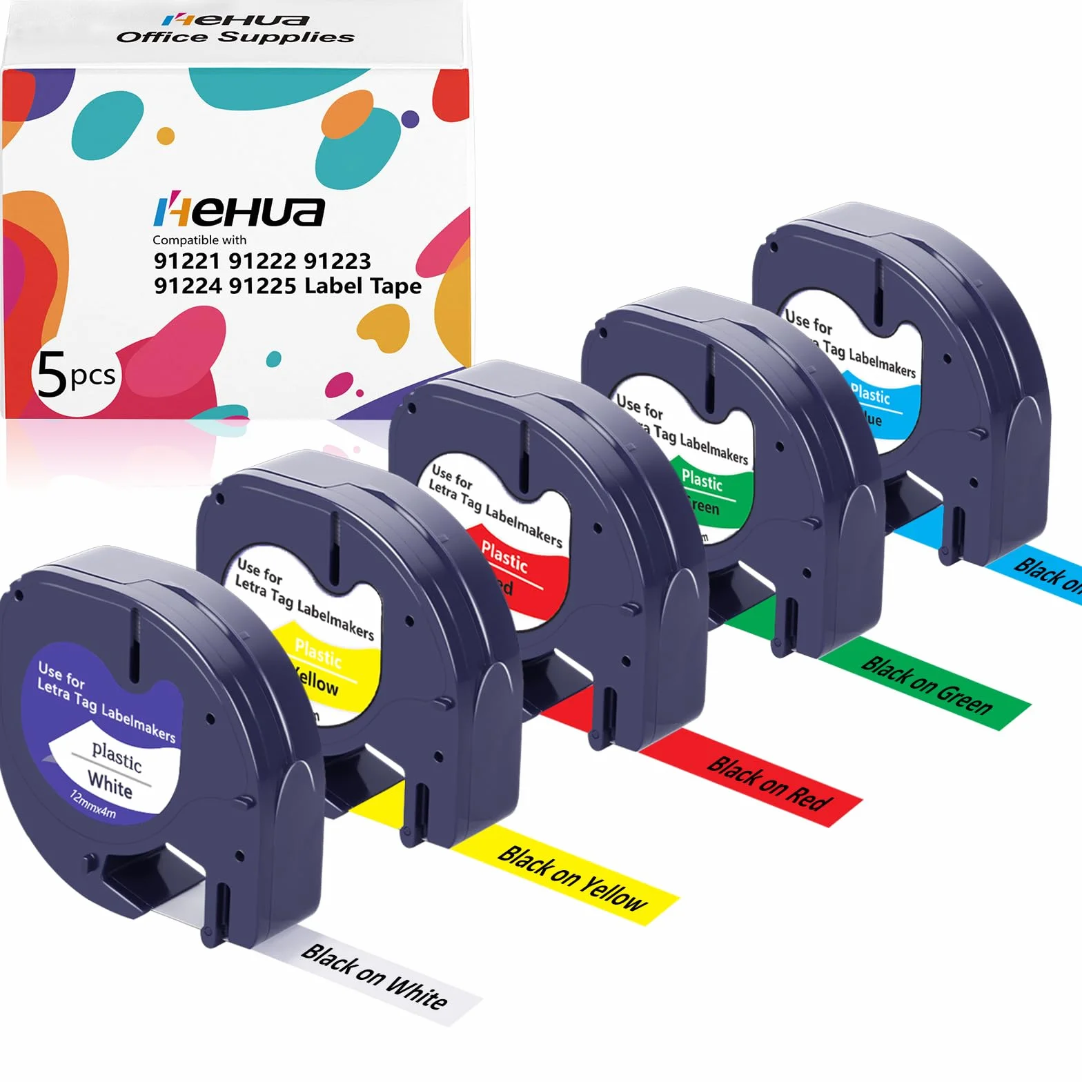 Ruban Compatible Dymo Letratag 12mm x 4m 5 Couleurs 91221 91222 91223 91224 91225