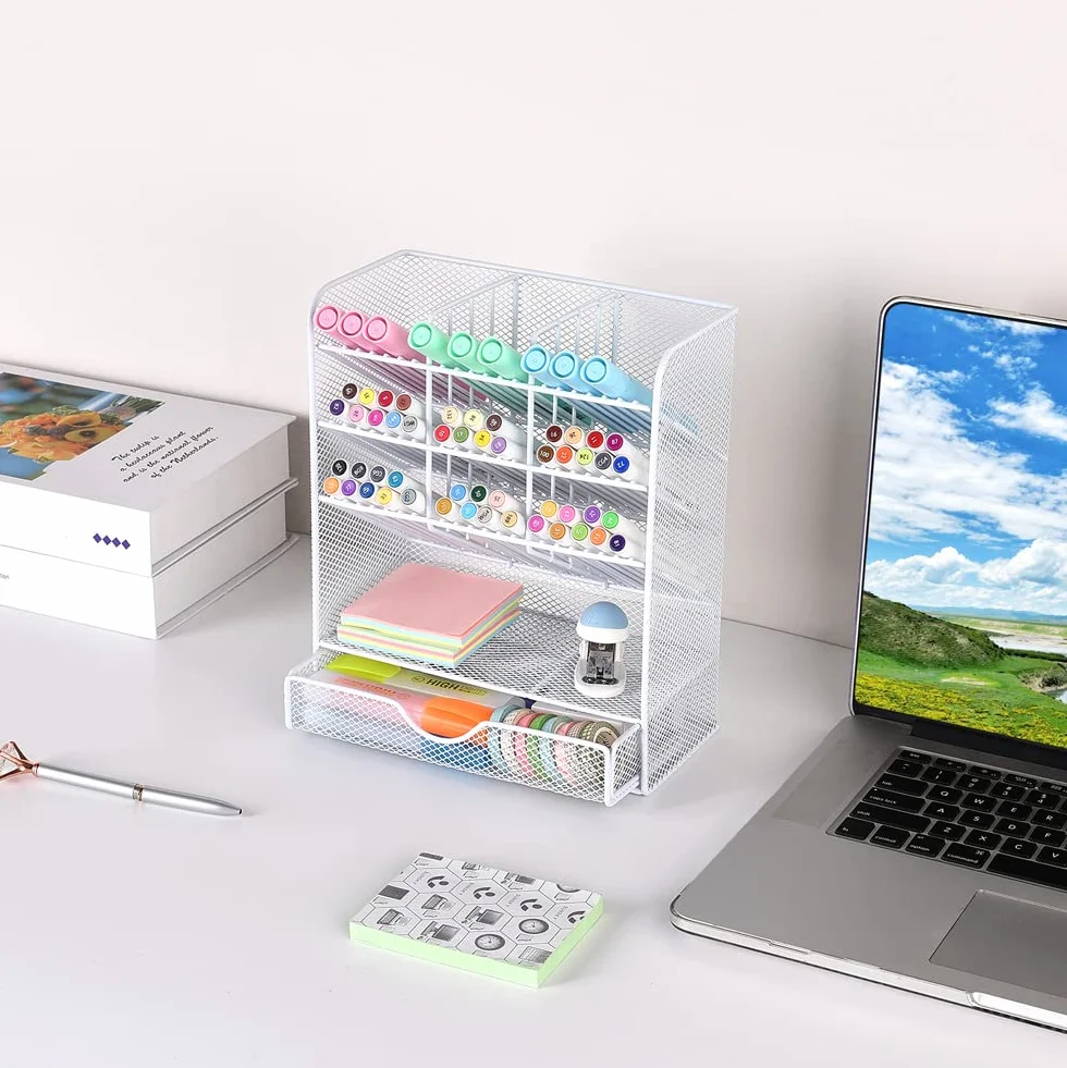 Pen Holder Desk Organizer with 10 Compartments and 1 Drawer White