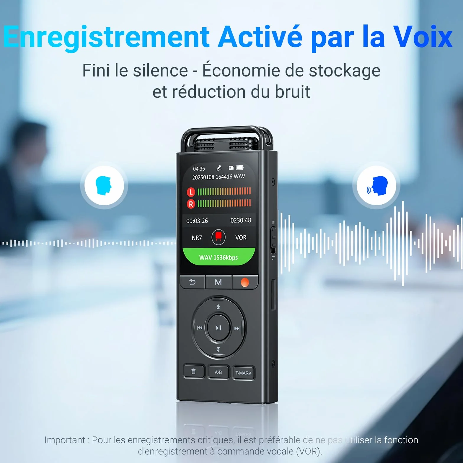 Dictaphone Enregistreur Vocal Numérique 144 Go, Audio HD 3072 Kbps, Réduction du Bruit