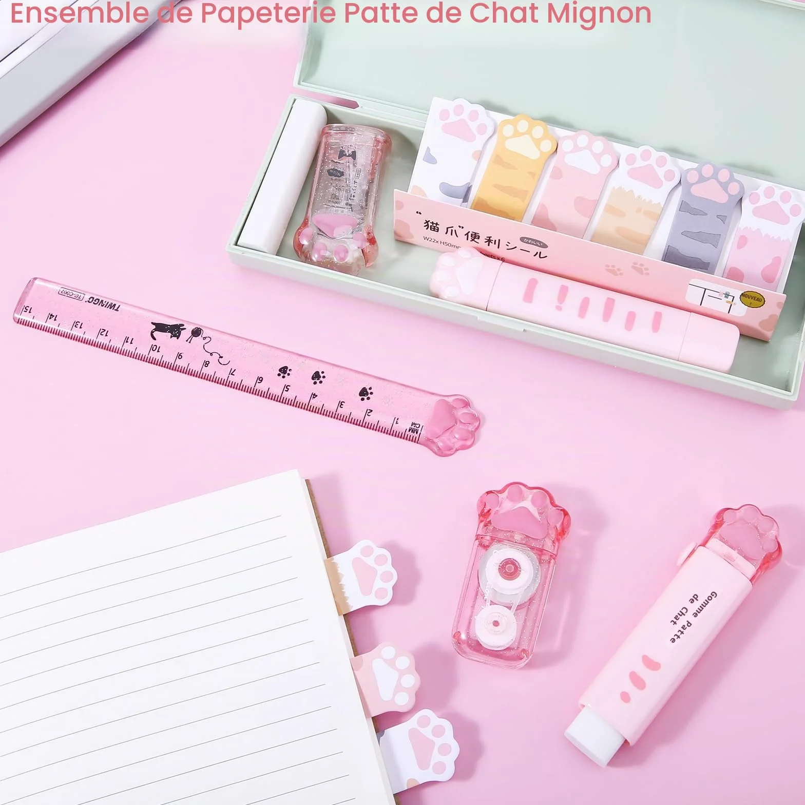 Lot de 7 articles de papeterie taille-crayon rétractable, ruban correcteur, gomme, notes adhésives, règle, mini ciseaux et cutter universel (rose)