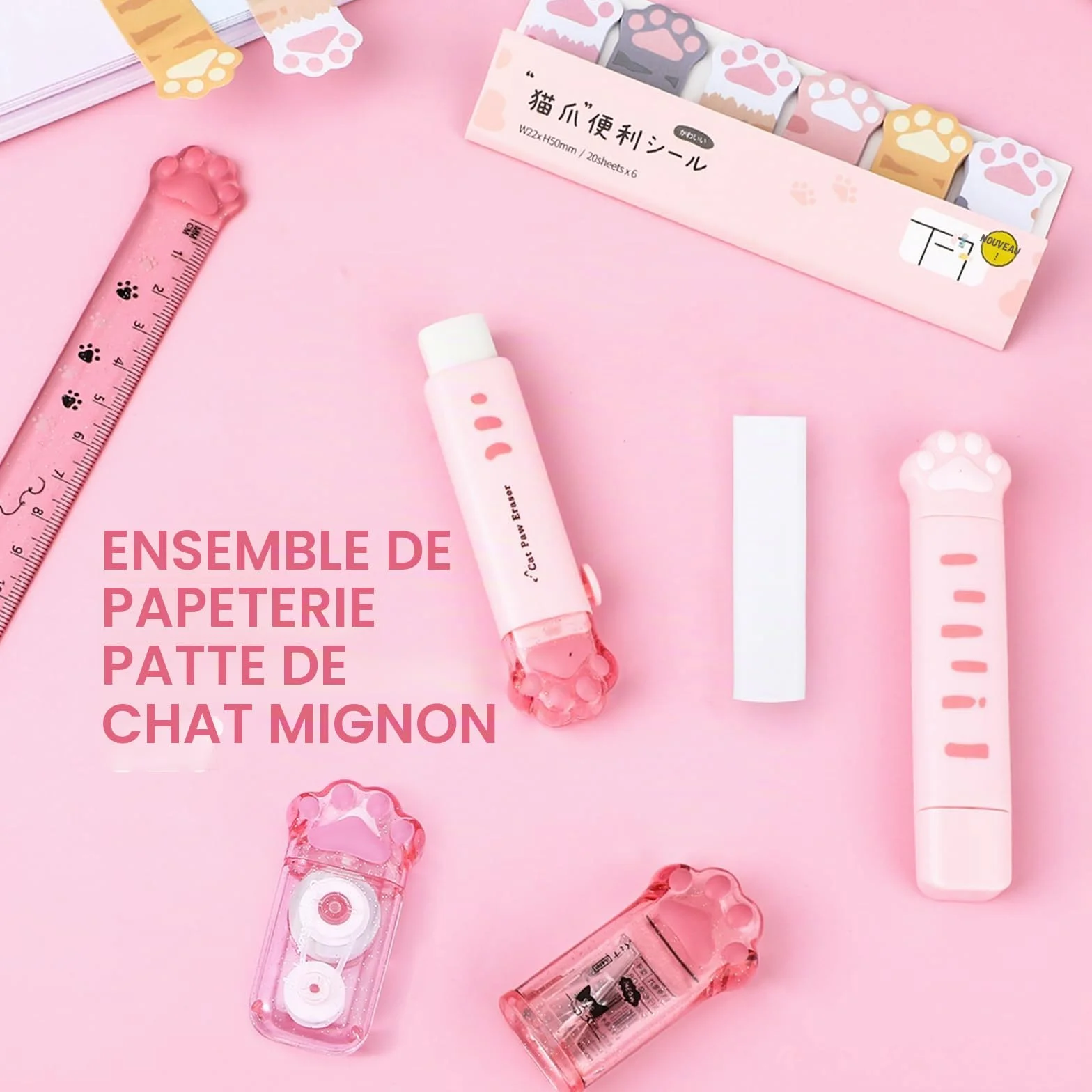 Lot de 7 articles de papeterie taille-crayon rétractable, ruban correcteur, gomme, notes adhésives, règle, mini ciseaux et cutter universel (rose)