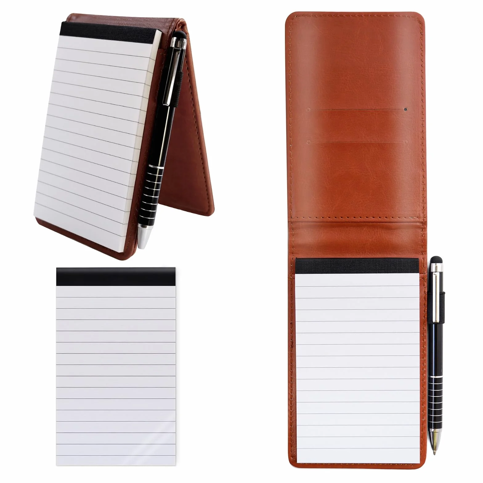 Mini Bloc Note de Poche A7 Carnet de Notes en Cuir PU avec Stylo, 50 Papiers Lignés pour École Bureau (Brun)