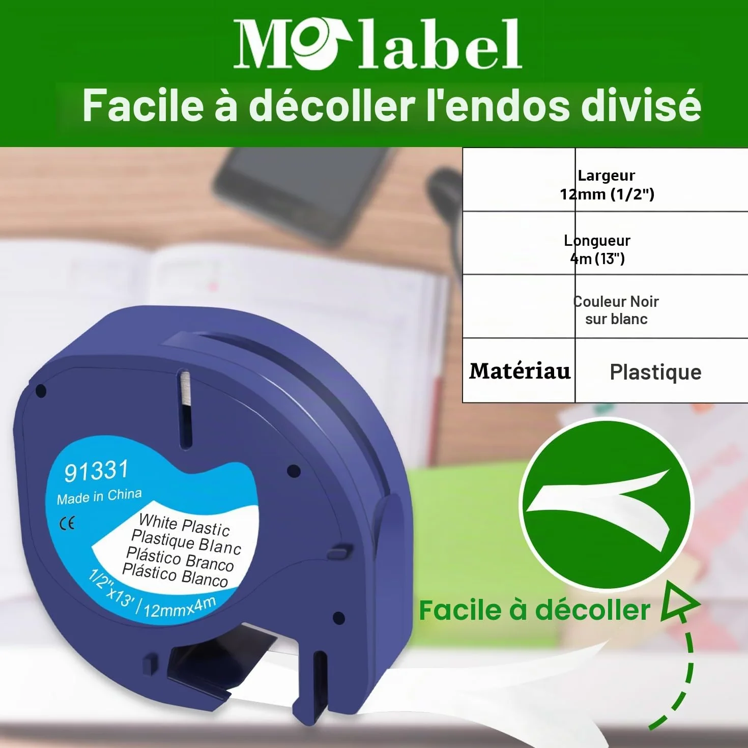 Lot de 5 rubans Dymo LetraTag 91221 91201 12mm x 4m plastique noir sur blanc pour LT-100H LT-110T
