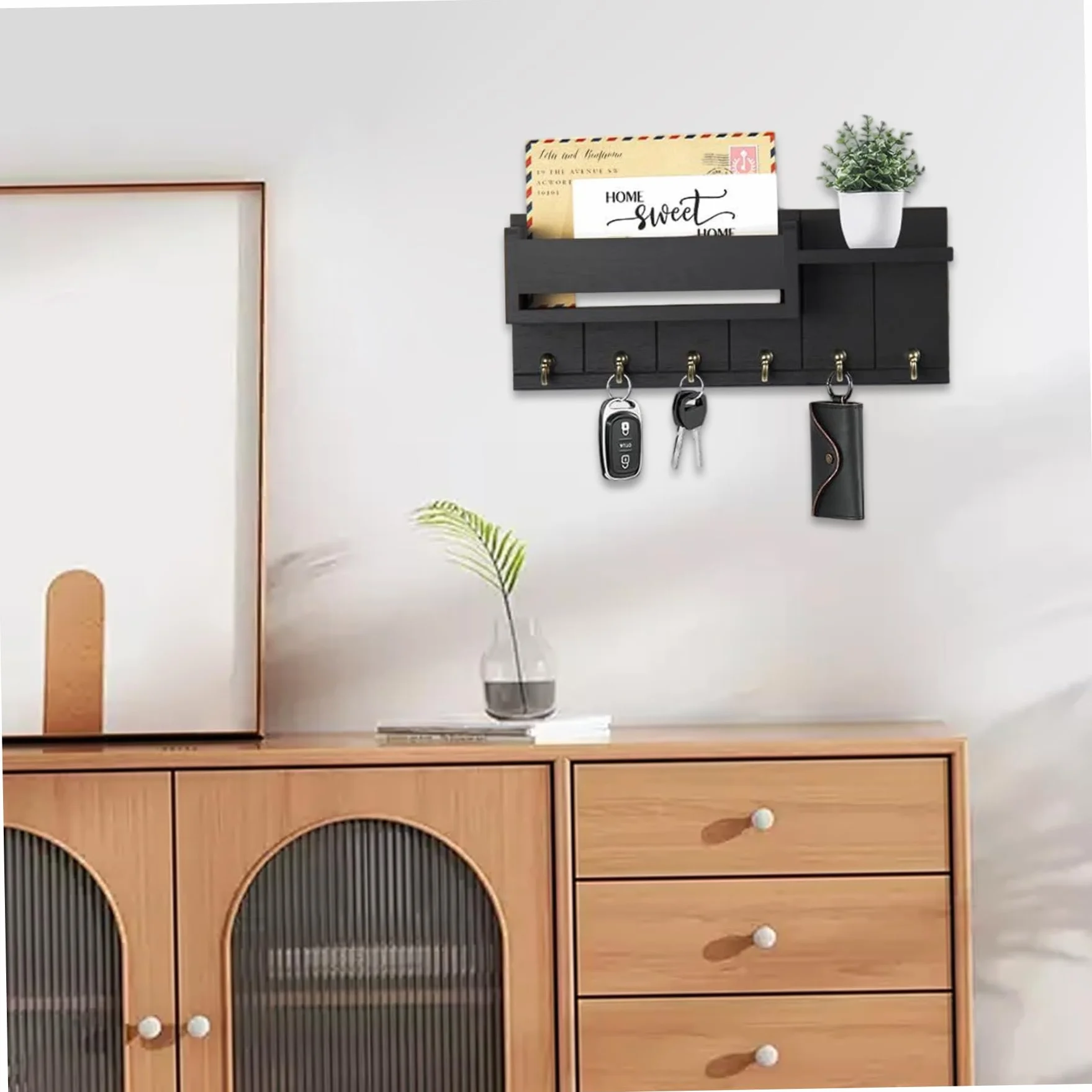 Support mural pour porte-clés en bois avec organisateur de courrier et 6 crochets pour entrée couloir