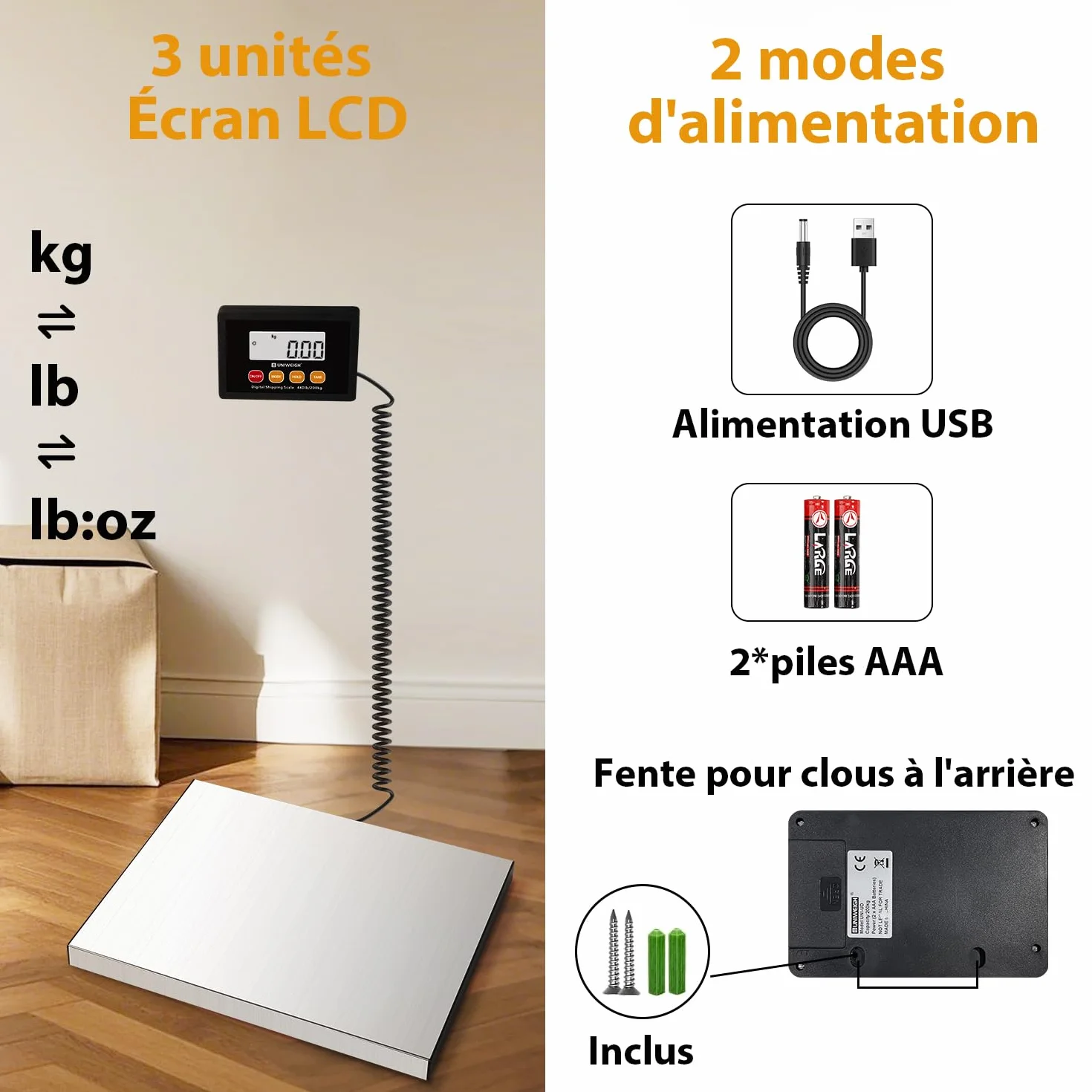 UNIWEIGH Balance Colis Postale Numérique 440lb x 10g, Plateaux en acier Inoxydable, Pese Colis avec affichage Hold/Tare/LCD