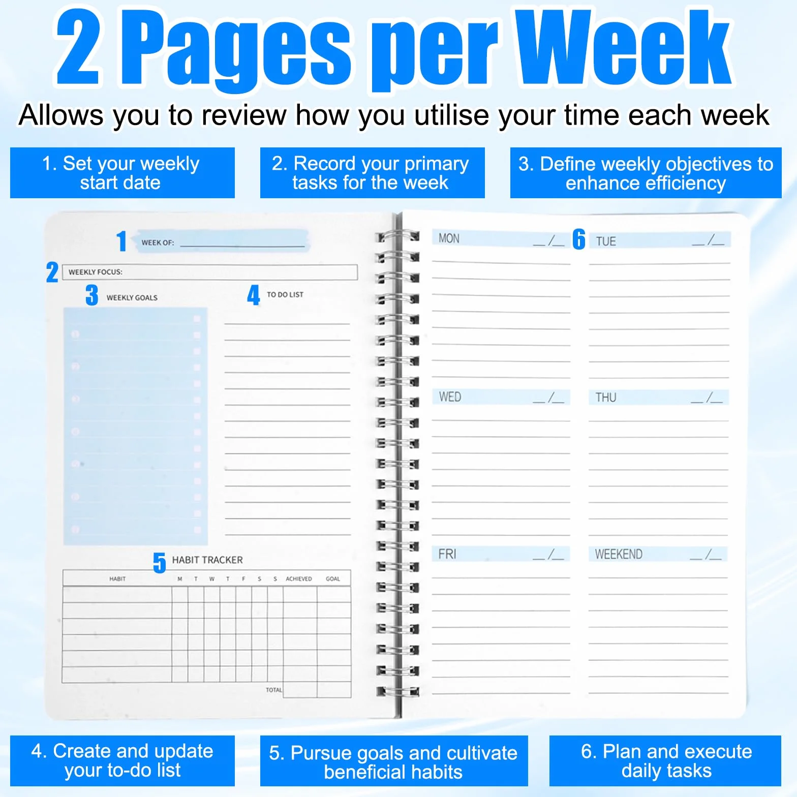 Agenda Hebdomadaire Non Daté 20,8x14,2 cm Semainier 2026 Spirale A5 Weekly Planner Couverture Imperméable Papier 100g/m² Bleu