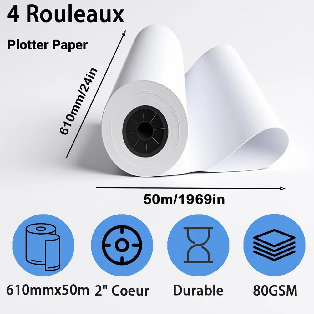 Papier pour traceur 610 mm x 50 m, 24 inch x 150 ft, 4 rouleaux, mandrin 2 pouces