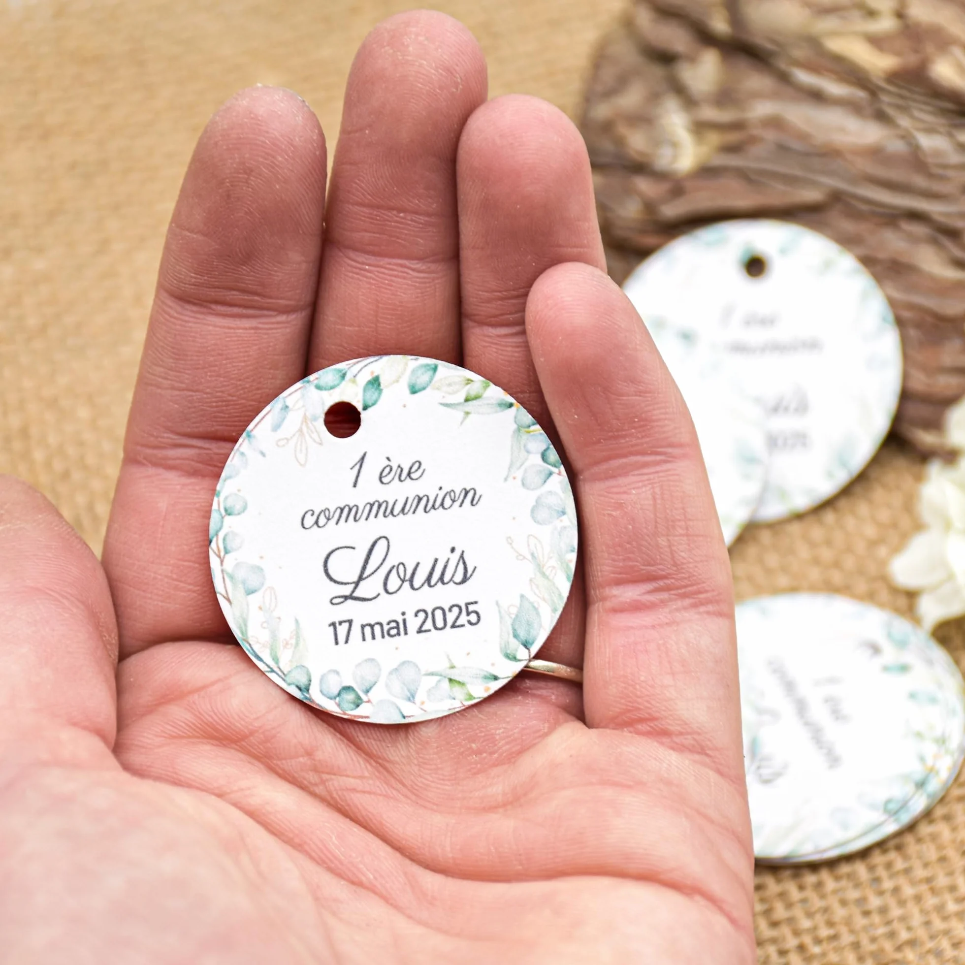 Étiquettes personnalisées rondes eucalyptus 3,7cm 4,5cm mariage baptême communion