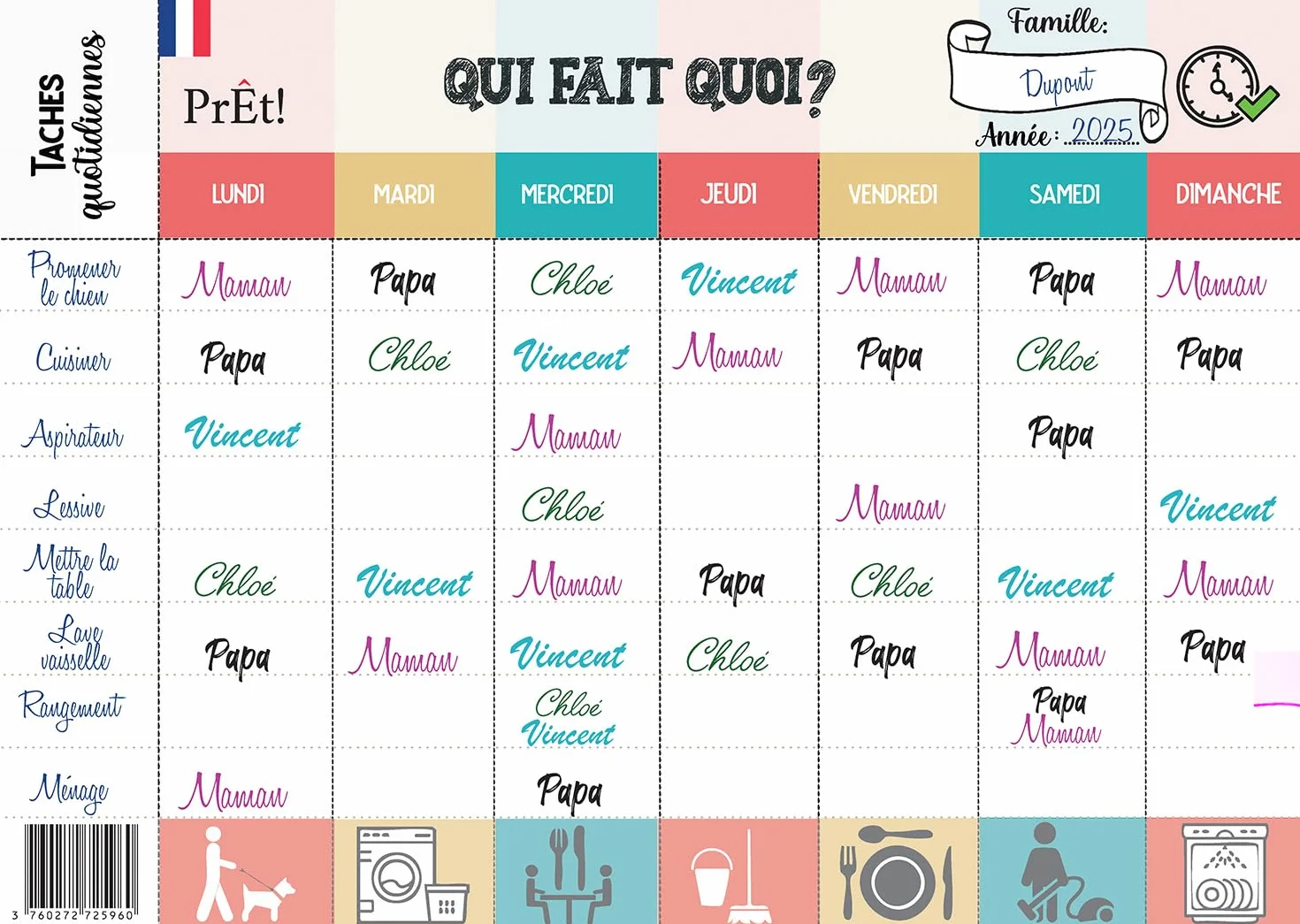 Calendrier Hebdomadaire Familial A3 à Remplir | Planning Mural Organisation Famille avec 8 Tâches Quotidiennes