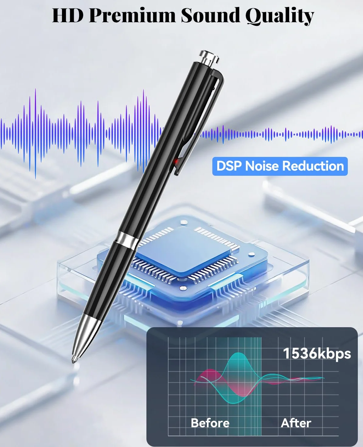 Enregistreur Vocal 64Go Ponovo Dictaphone Audio avec Activation Vocale et Réduction de Bruit pour Interviews