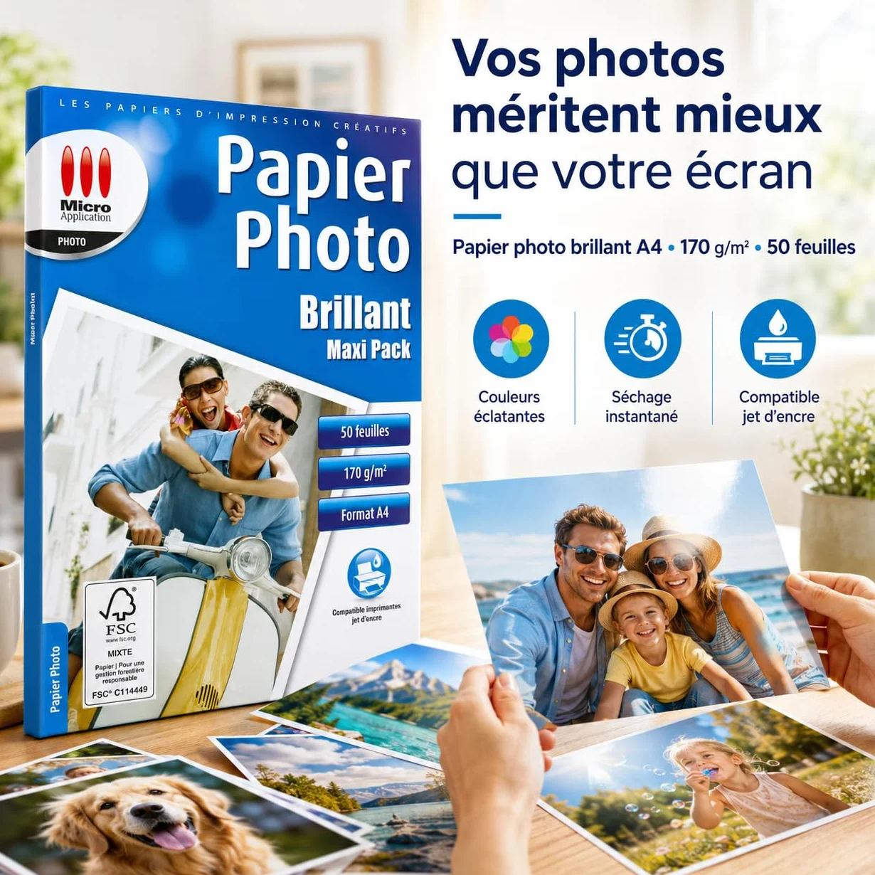 Papier Photo Brillant A4 170 g/m² Maxi Pack 50 Feuilles Séchage Rapide 9600 dpi Compatible Jet d'Encre