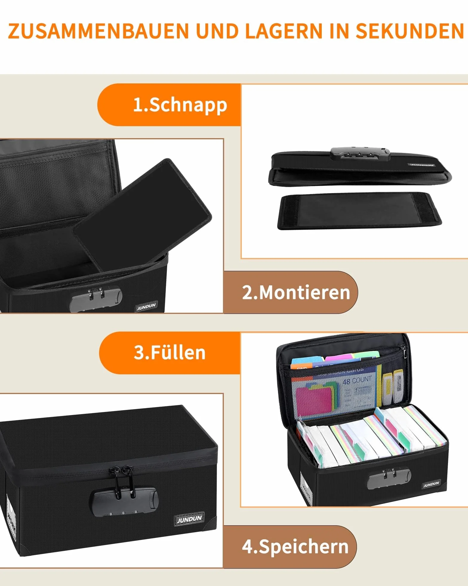 Boîte de rangement pliable avec serrure pour 1200 cartes A6 15,2 x 10,2 cm Noir
