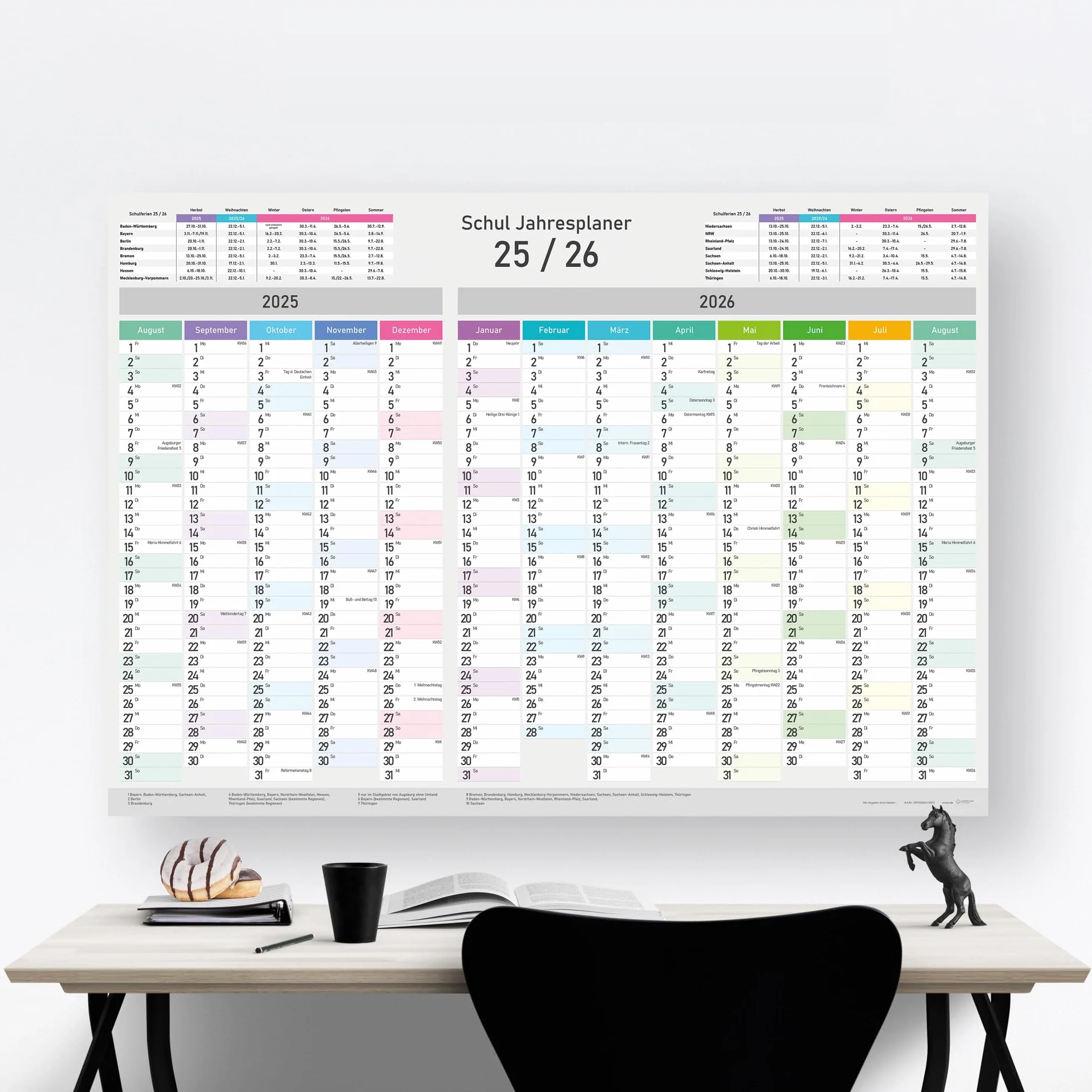Calendrier scolaire XXL 2025/2026 mural A1 84 x 59 cm planificateur annuel avec semaines jours fériés vacances