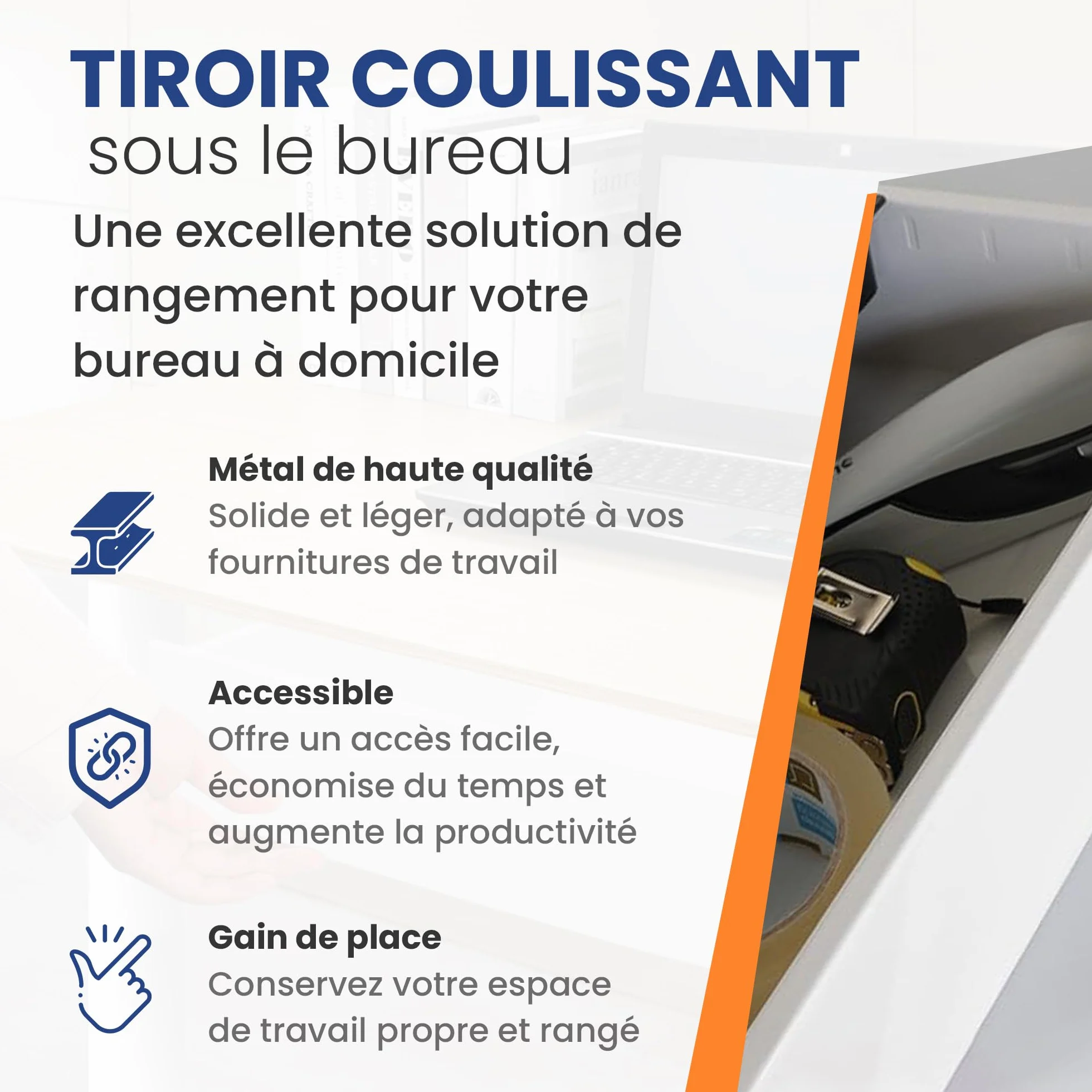 IVOL Tiroir de Bureau Blanc 42 x 41 x 10 cm - Sous Bureau en Métal - Extensible