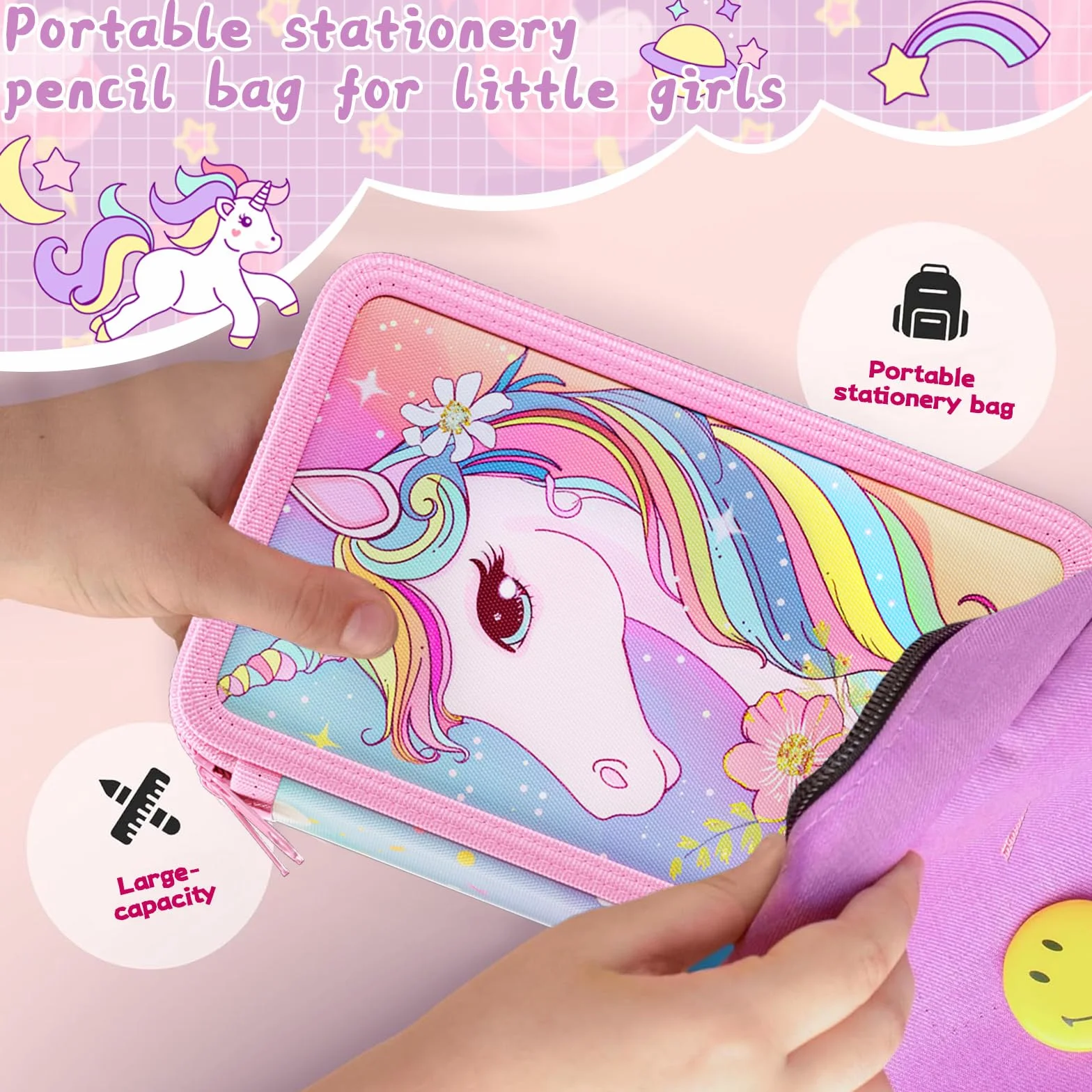 Trousse 3 Compartiments 2025 Double Compartiment Mise à Niveau Fermeture éclair Double Curseur Fille Rose