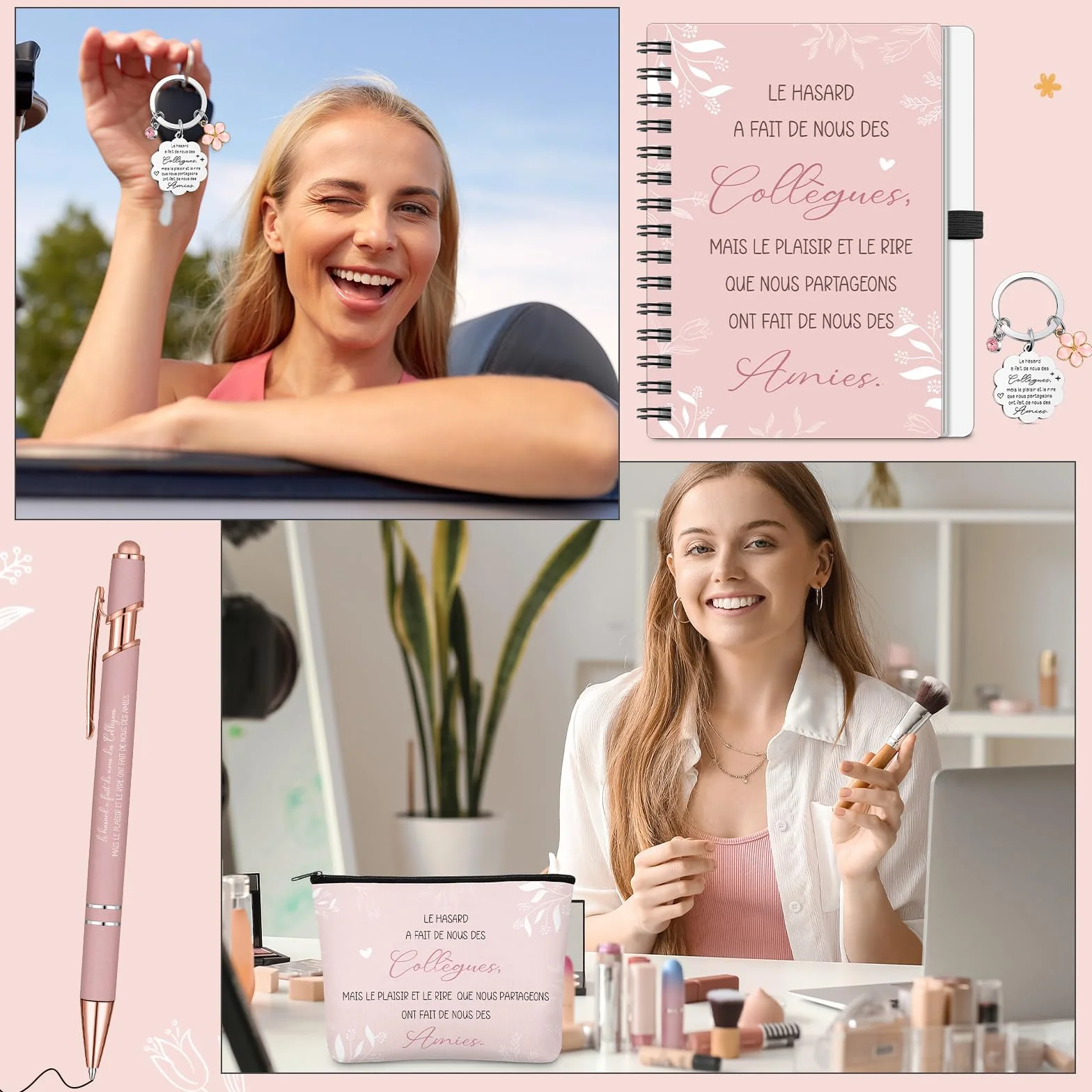 Hestya Carnet à Spirale Rose Stylo à Bille Trousse de Maquillage Porte-Clés Cadeaux de Remerciement pour Collègues