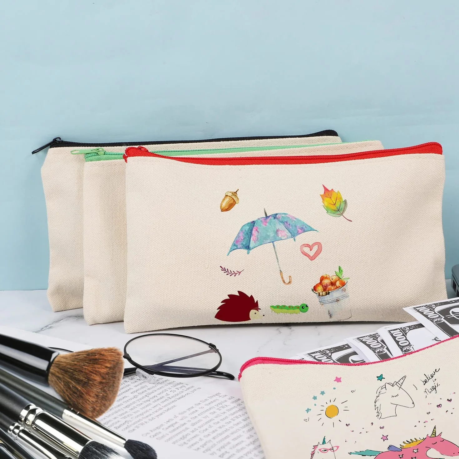Trousse en Tissu Vierge 8 Pièces 21 x 12cm Maquillage Toile Rangement DIY Travail École Voyages