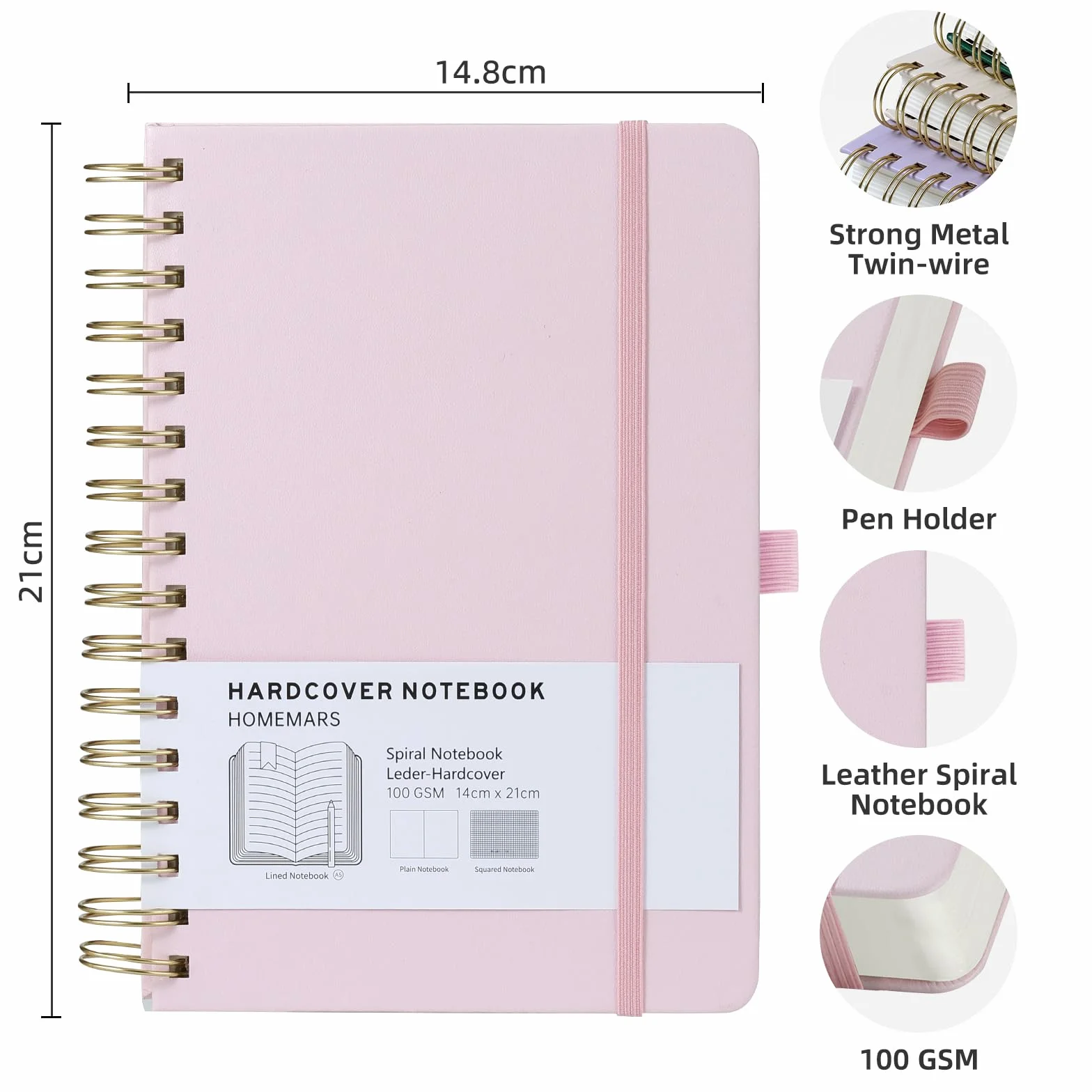 Cahier A5 Spirale Ligné 240 Pages 100 g/m² Cuir Rose HOMEMARS