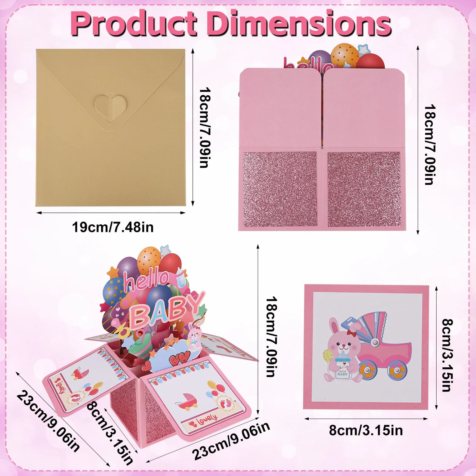 Penitue Carte de Félicitations Pop-Up Baby Shower Fille avec Enveloppe Rose