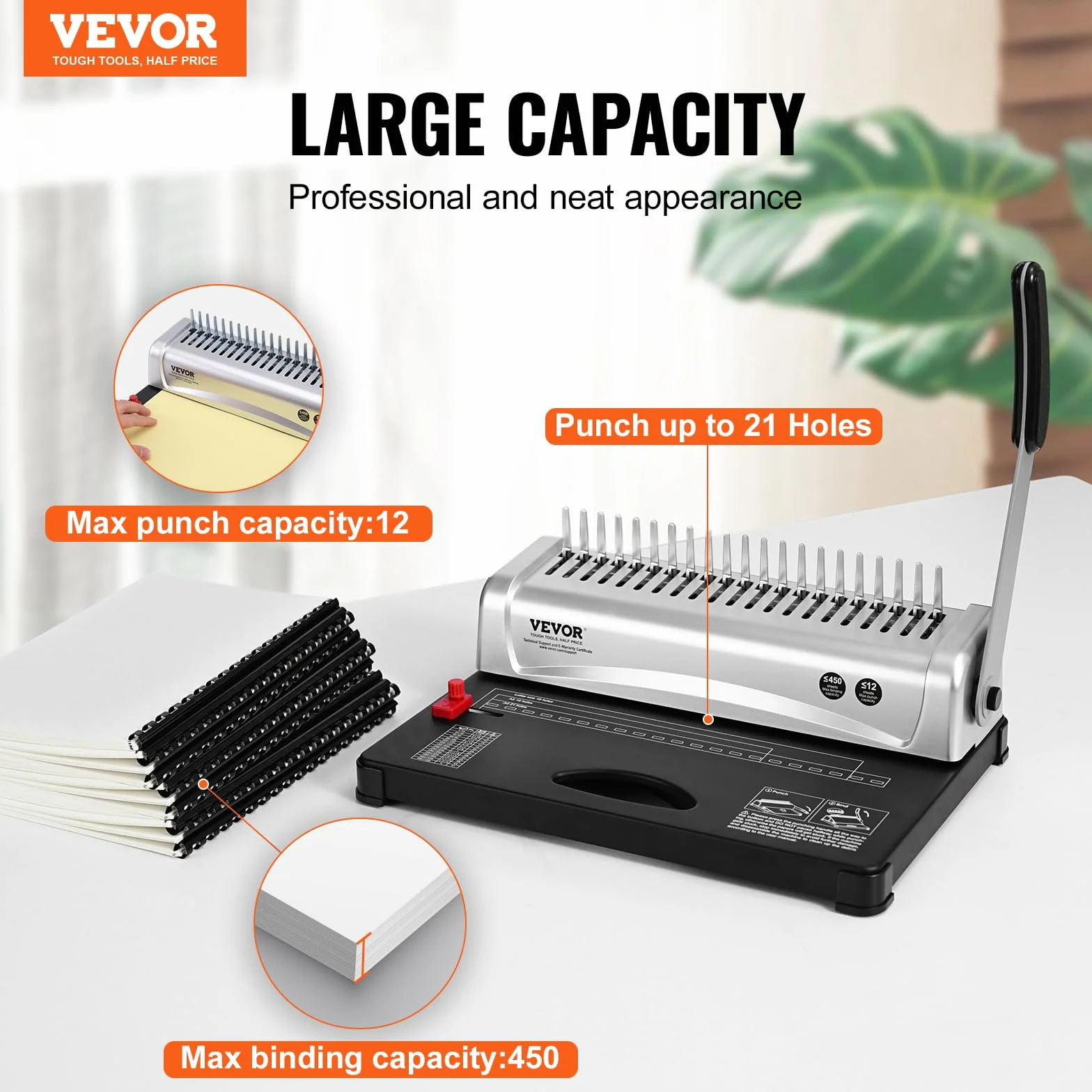 VEVOR Machine à relier à peigne 21 trous 450 feuilles 3/8'' pour A4 A5 lettre