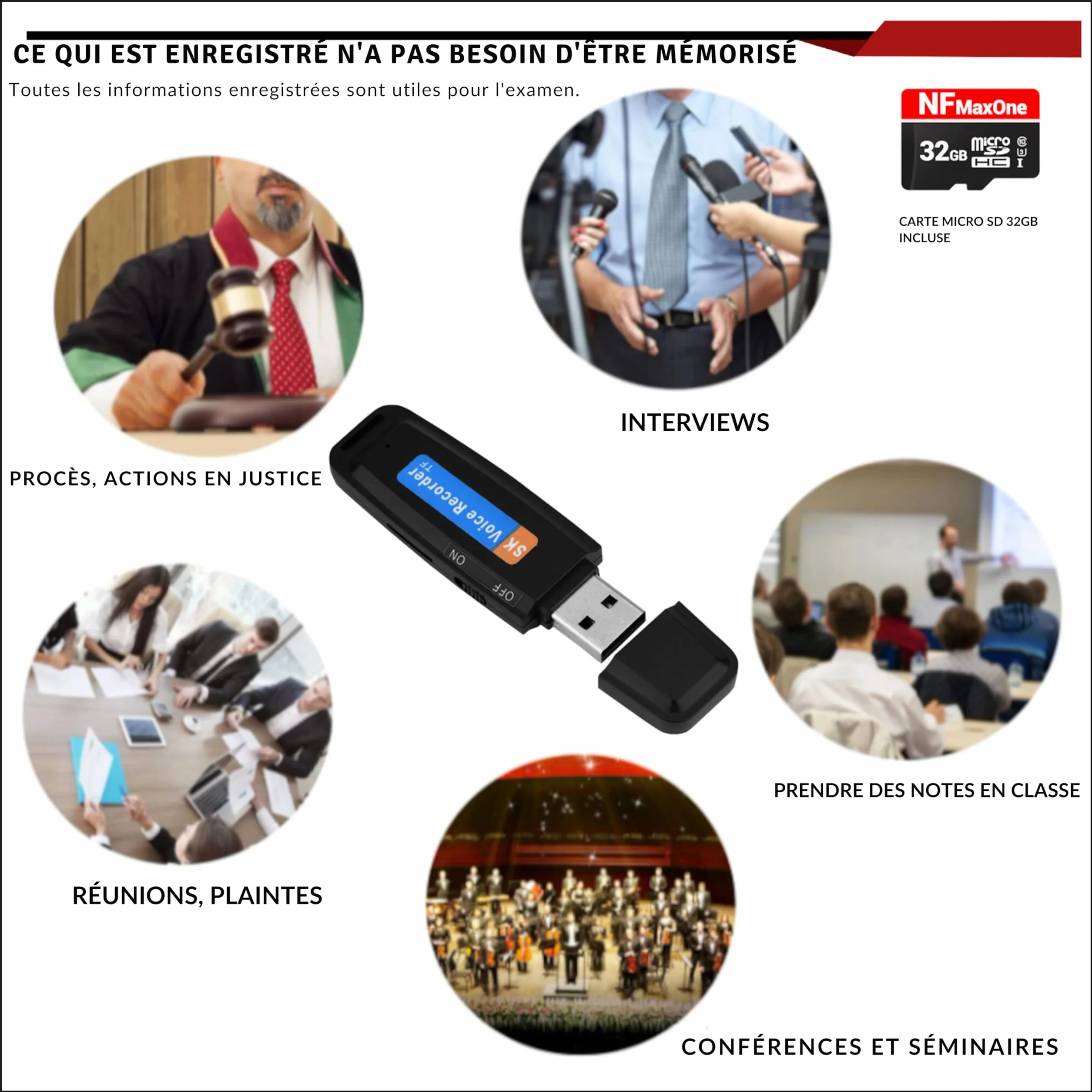 Enregistreur Vocal Numérique USB 32 Go Mini Dictaphone Portable avec Activation Vocale