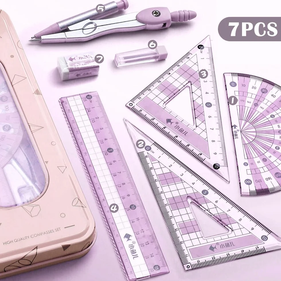 Compas Professionnel 7 Pièces College avec Mallette Métal, Rapporteur pour Étudiants Maths (Violet)