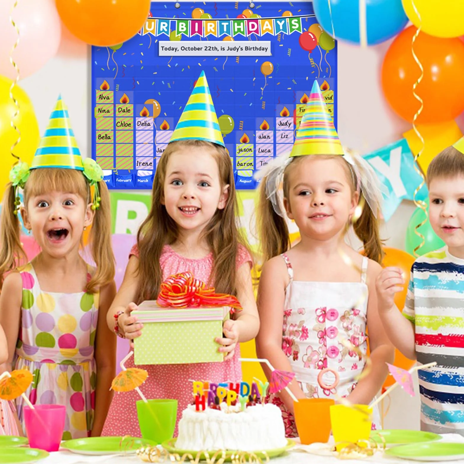 Tableau de poche Happy Birthday 90 cartes 78,7 x 63,5 cm Graphique d'anniversaire pour maternelle
