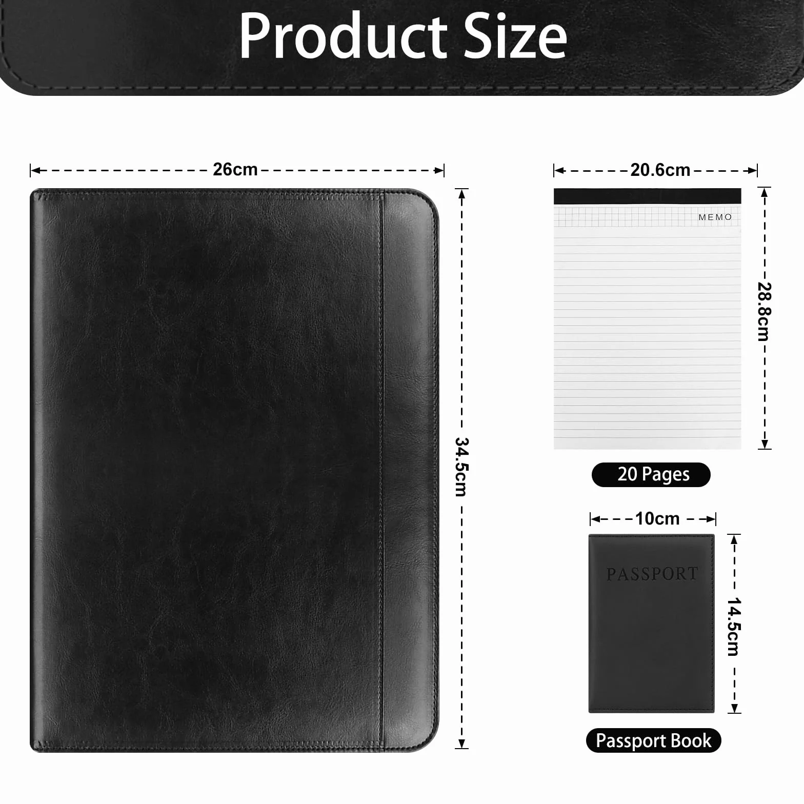 Porte Documents A4 Cuir PU Noir avec Anneaux Zippées Bloc-Notes pour Réunion Bureau École