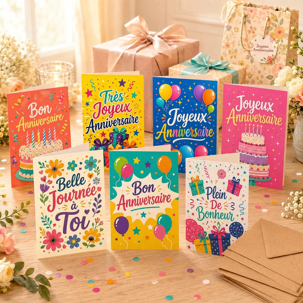 Lot de 12 cartes d’anniversaire en français avec enveloppes kraft recyclées, designs A6, papier cartonné nacré
