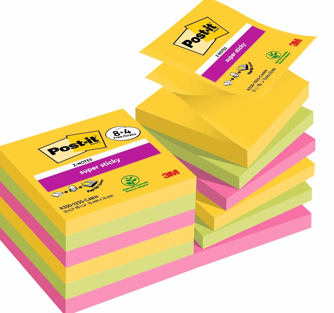Post-it Z-Notes Autocollantes Super Sticky, 8 Blocs + 4 Gratuits, 90 Feuilles, 76 mm x 76 mm