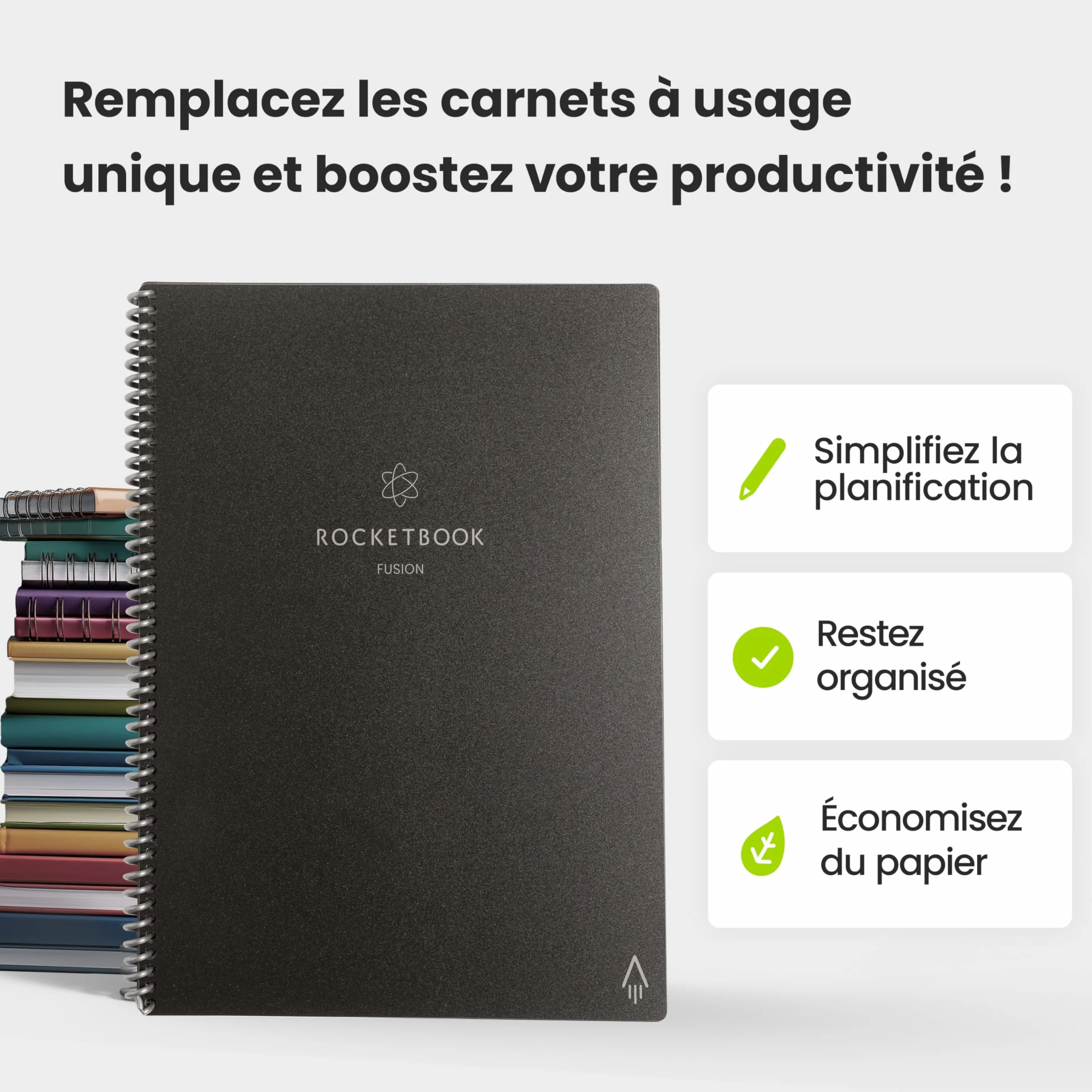 Rocketbook Fusion Agenda Non Daté Réutilisable Taille Letter 21 x 29,7 cm Noir Objectifs Calendrier Mensuel Hebdomadaire To-Do Lists Quotidiennes Pages Lignées Pointillées
