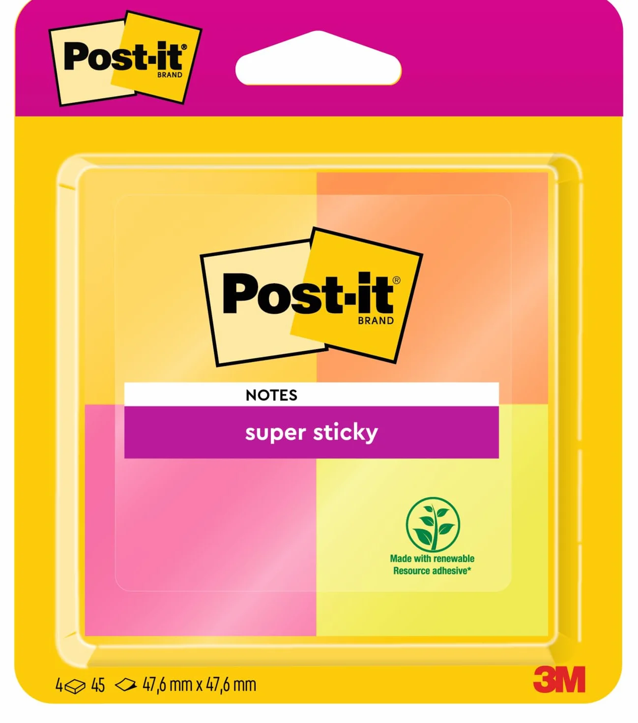 Post-it Super Sticky Notes, 4 Blocs, 47.6 mm x 47.6 mm, 45 Feuilles par Bloc, Jaune, Orange, Rose, Vert