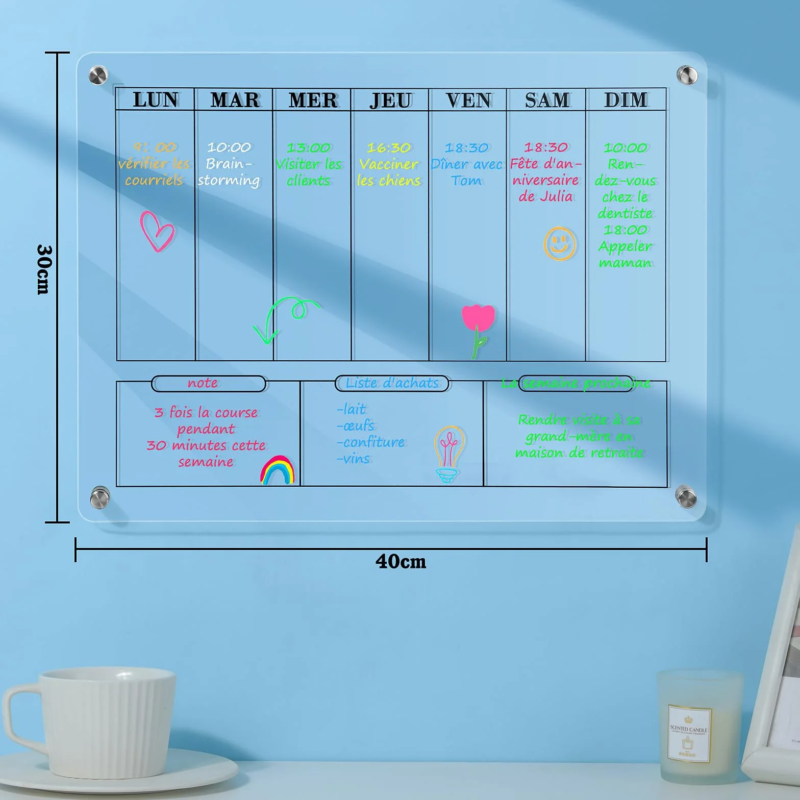 POPRUN Tableau Blanc Calendrier Mural Planning Semainier Mensuel Transparent Effaçable Planificateur Hebdomadaire Organisateur Familial