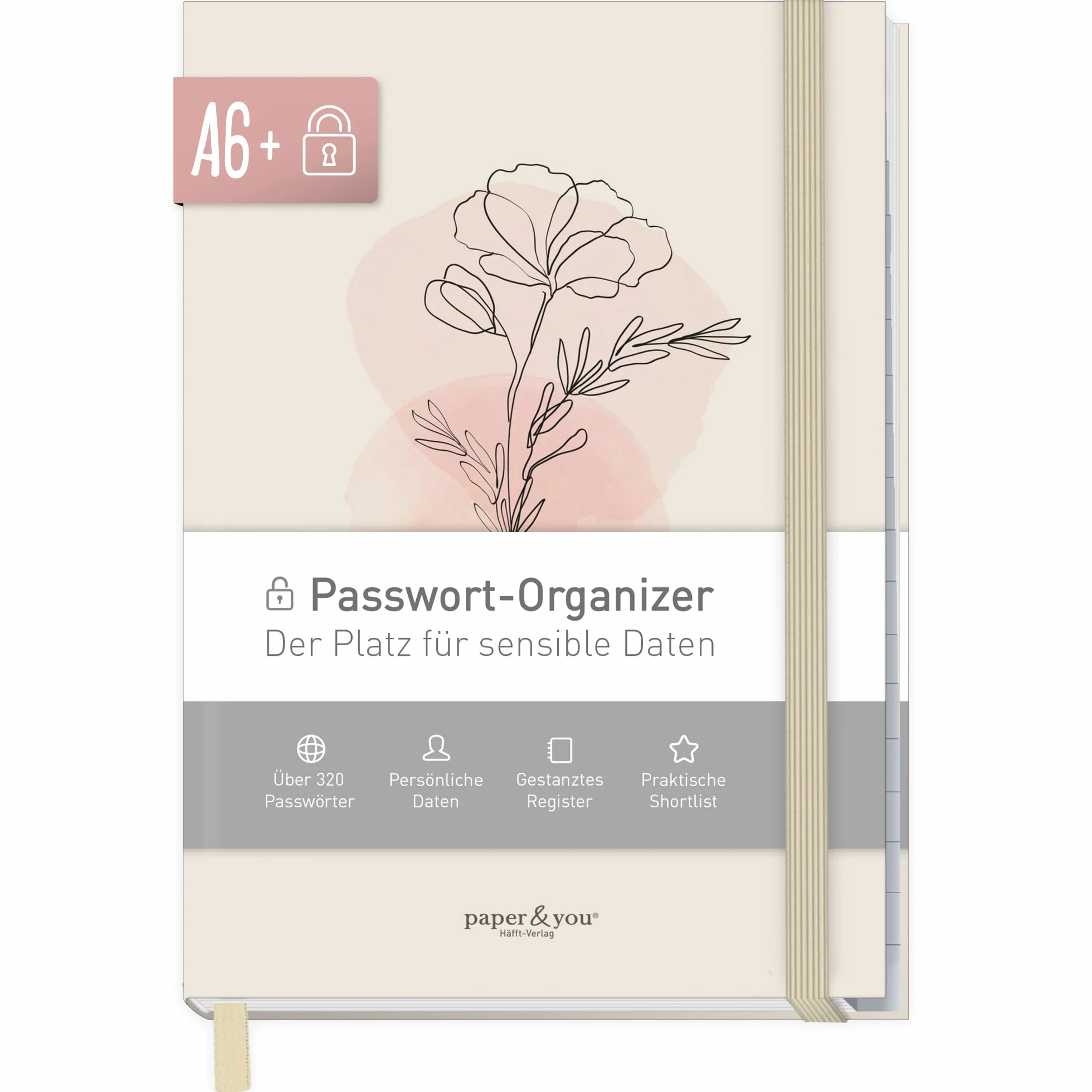 Livre de mots de passe A6+ avec onglet A-Z "Dainty Flower" pour 320 données d'accès, gestionnaire de mots de passe petit
