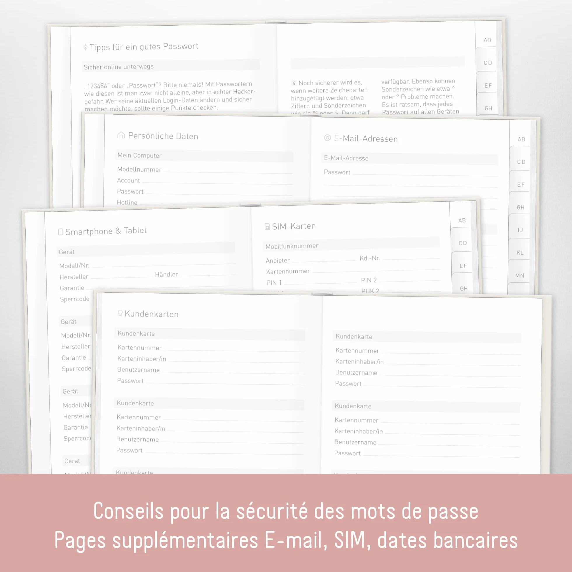 Livre de mots de passe A6+ avec onglet A-Z "Dainty Flower" pour 320 données d'accès, gestionnaire de mots de passe petit