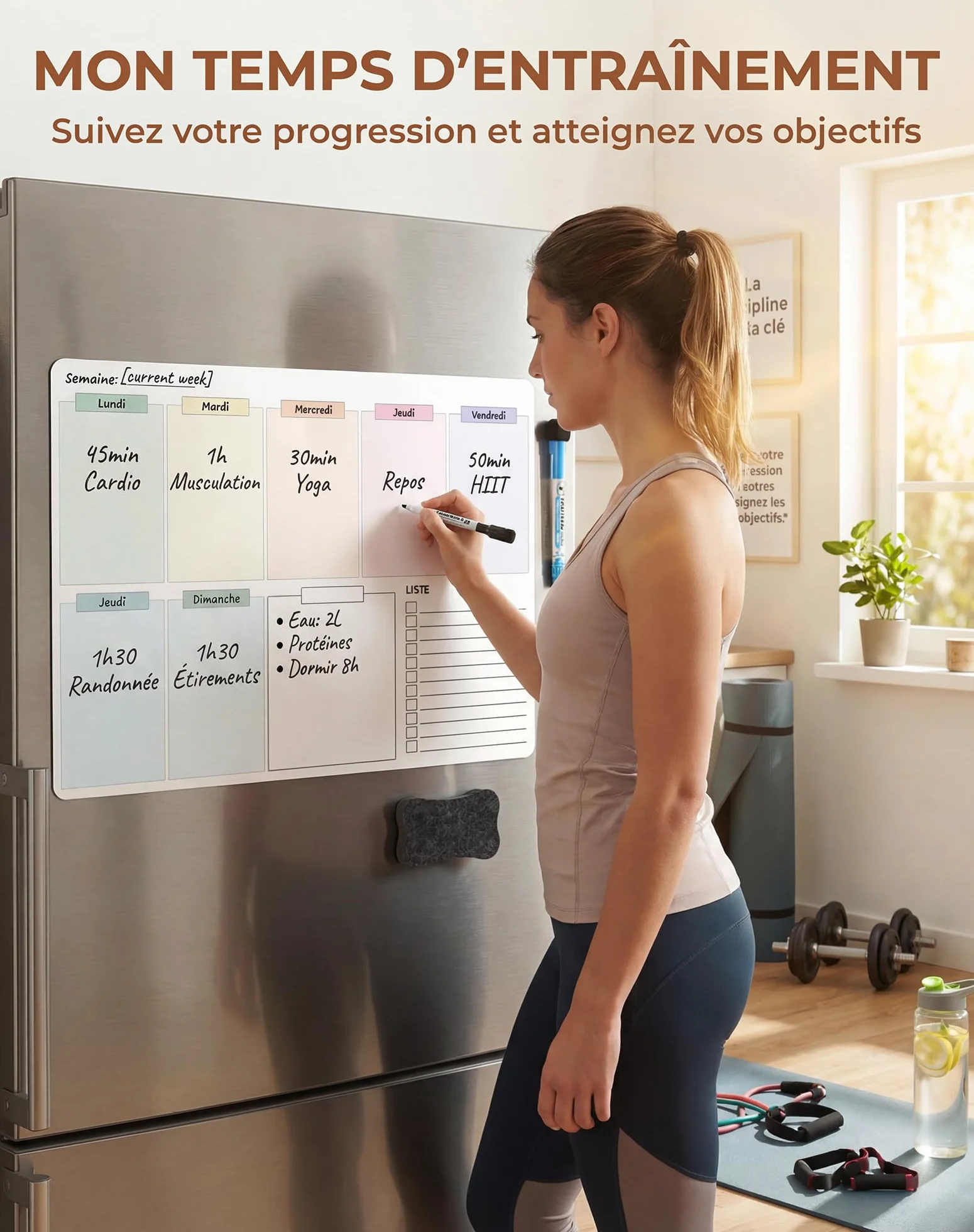 Frigo magnétique effaçable Semainier organisateur familial pour réfrigérateur Tableau blanc réutilisable menus tâches rendez-vous