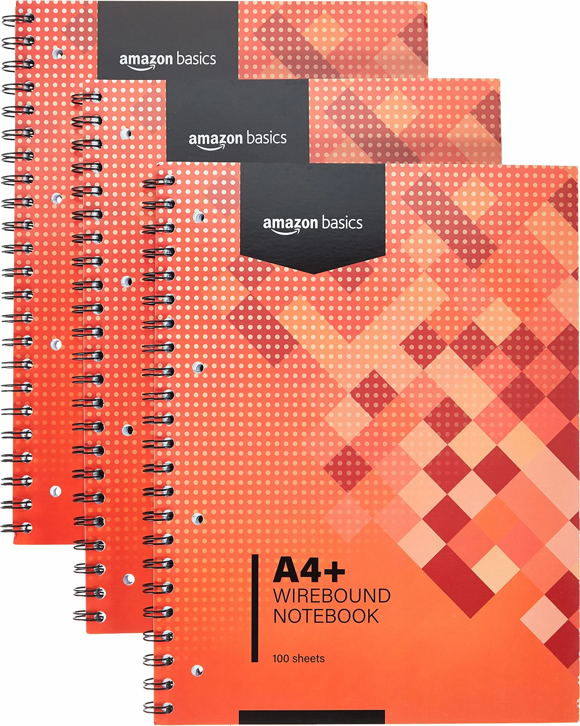 Amazon Basics Cahier à reliure spirale A4+ 100 feuilles 80 g/m² lot de 3 Rouge