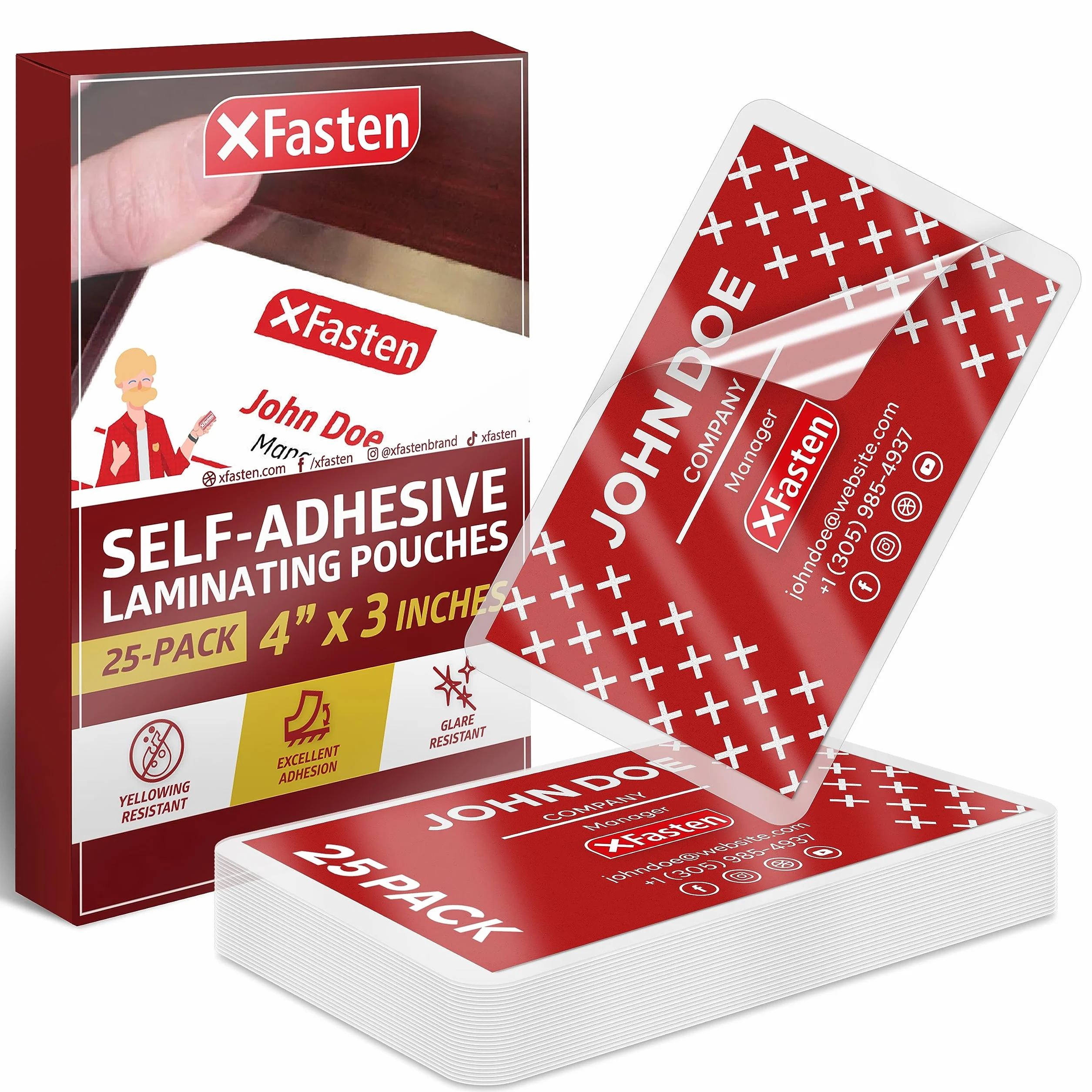 XFasten Pochettes de Plastification Auto-Adhésives 9,5 mm pour Cartes de Visite, Lot de 25