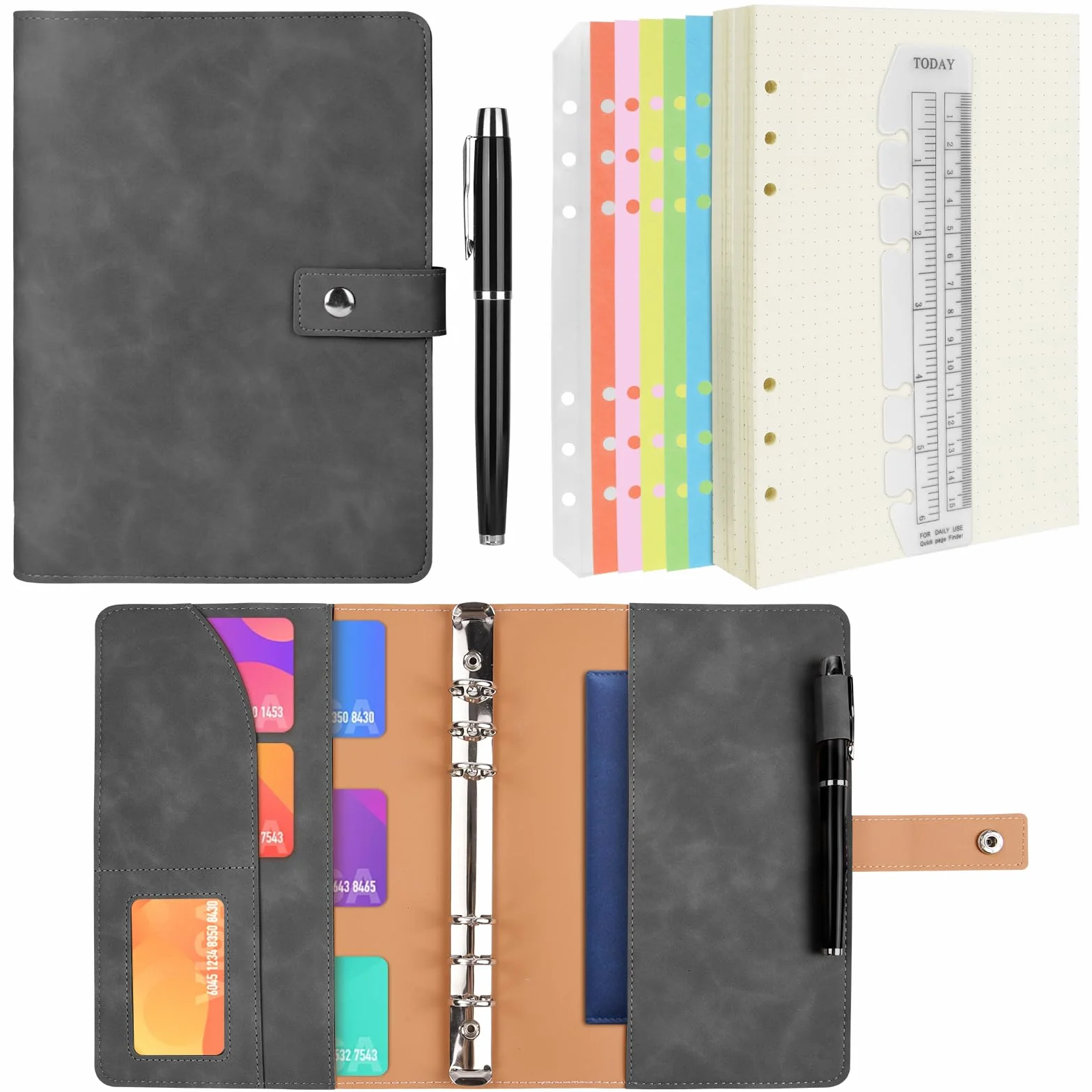 Carnet de Notes A5 200 Pages PU Cuir Rechargeable avec Grille à Points Gris