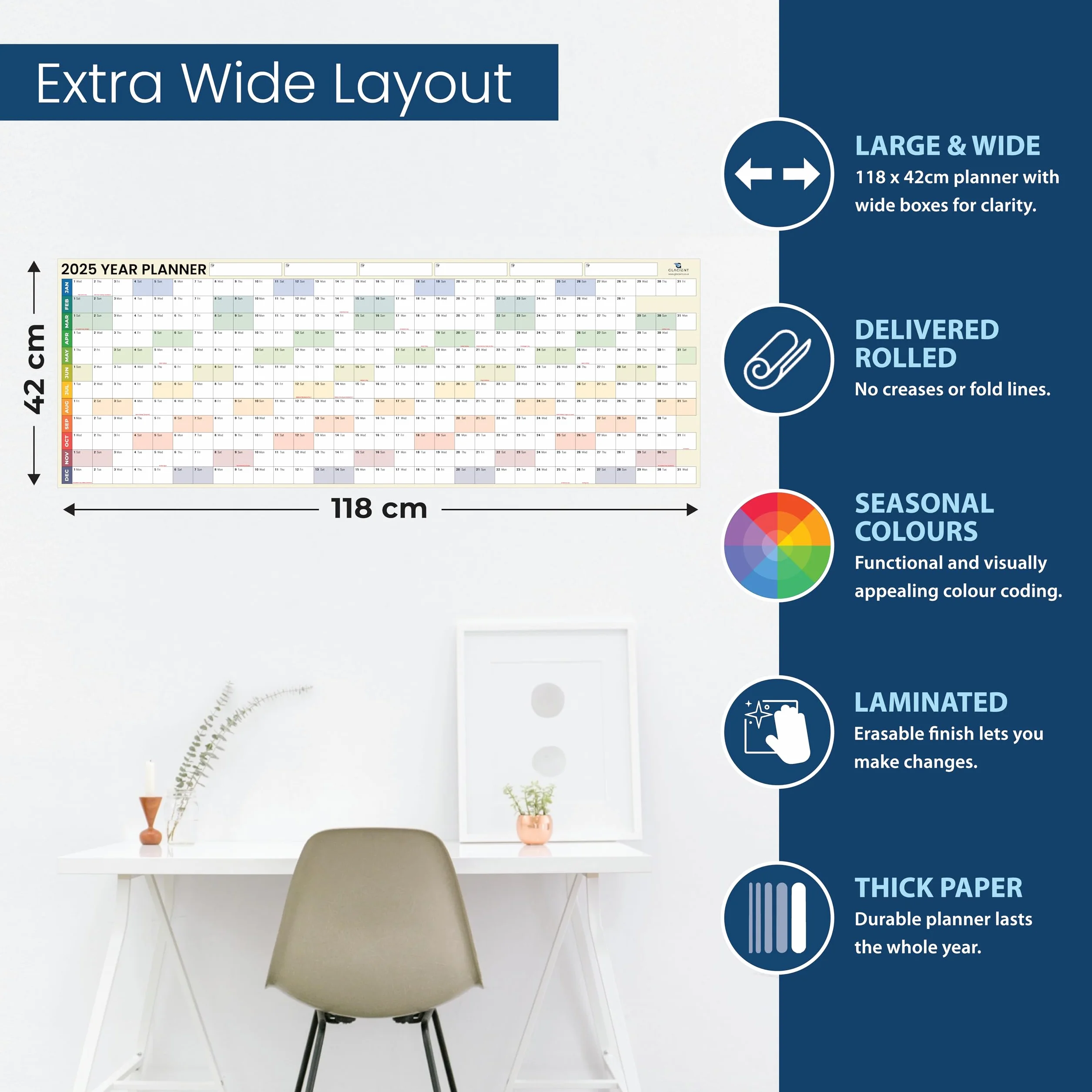 Planificateur mural 2025 118x42 cm laminé extra épais effaçable à sec crème