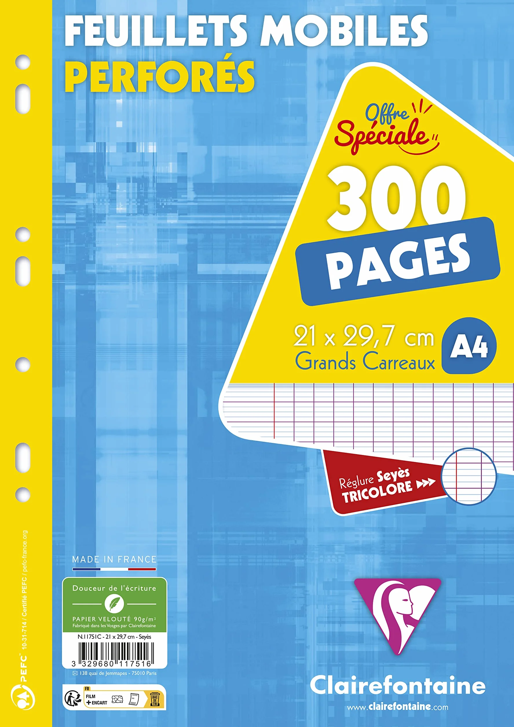 Clairefontaine Lot de 2 Paquets Copies Perforées A4 21x29,7 cm Grands Carreaux Papier Blanc 90 g 600 Pages