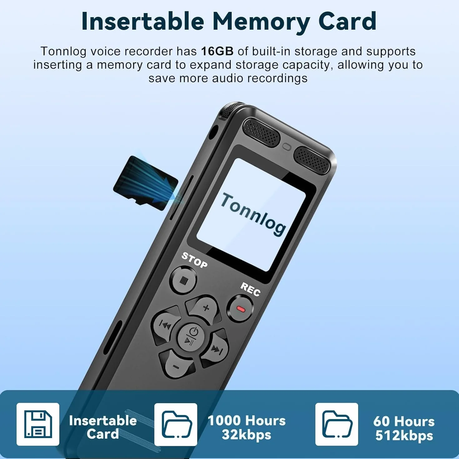 Tonnlog Enregistreur Vocal Numérique 16GB 1536kbps Activation Vocale USB-C