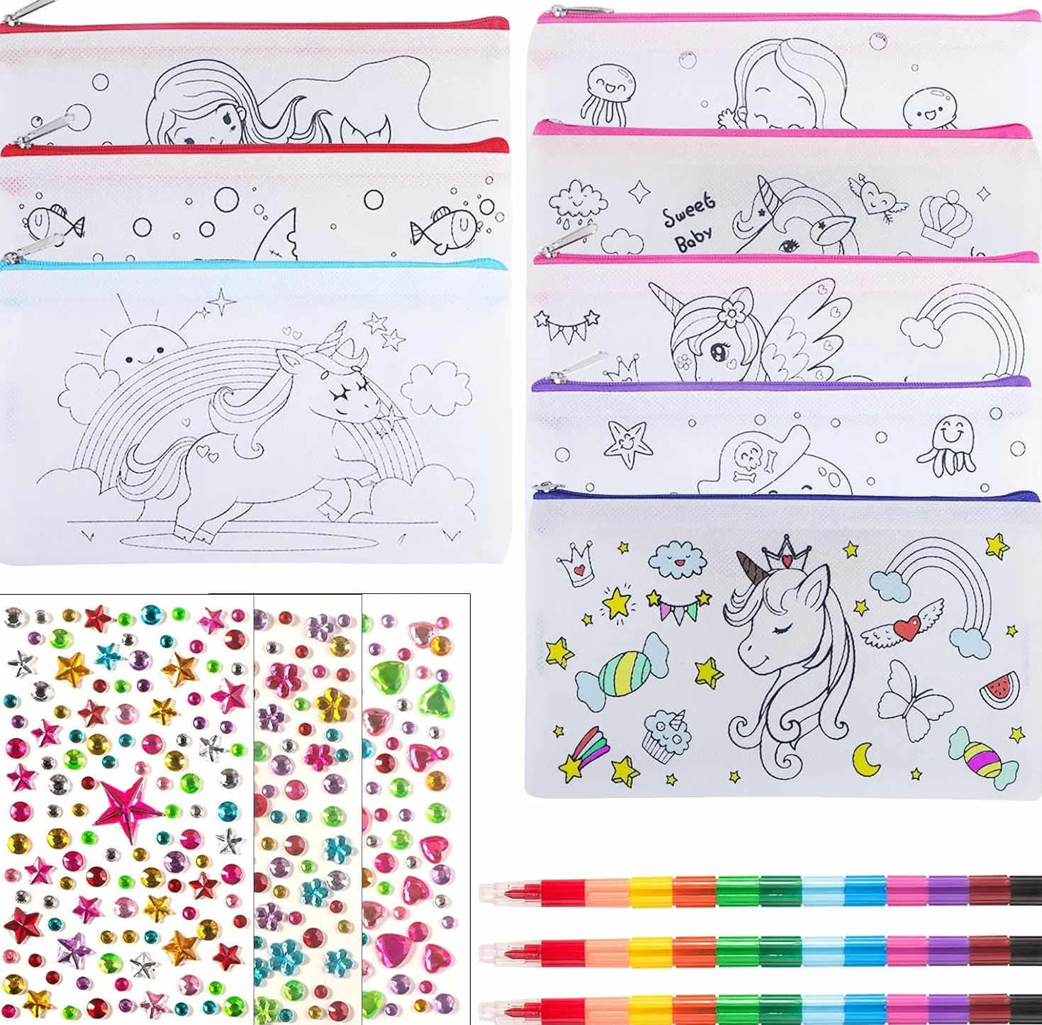 Trousse de Maquillage en Toile Personnalisable Enfant 12 Pièces Pochette Zippée Bricolage DIY