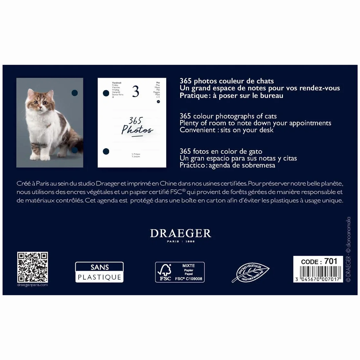 DRAEGER PARIS 1886 Recharge Éphéméride Agenda Yvon 2024-365 Feuillets Photos Chats Multilingue Français Anglais Espagnol Compatible Socle Bambou 11x1.5x16cm