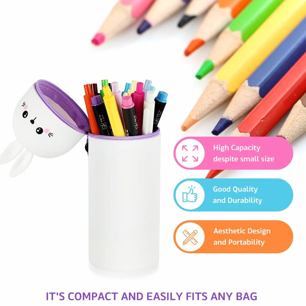 Trousse Ecole Télescopique Silicone Kawaii avec Fermeture Eclair Lapin Blanc 25x6.8cm