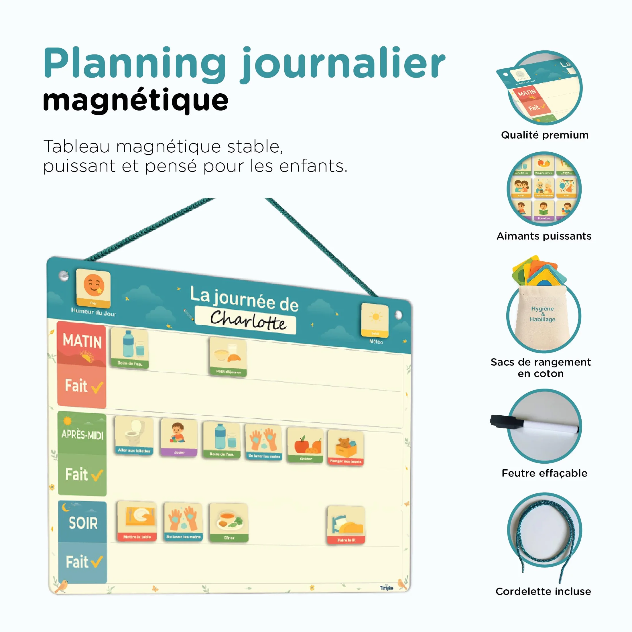 Tableau Magnétique Montessori pour Enfant avec 154 Magnets Illustrés et Sac de Rangement en Coton