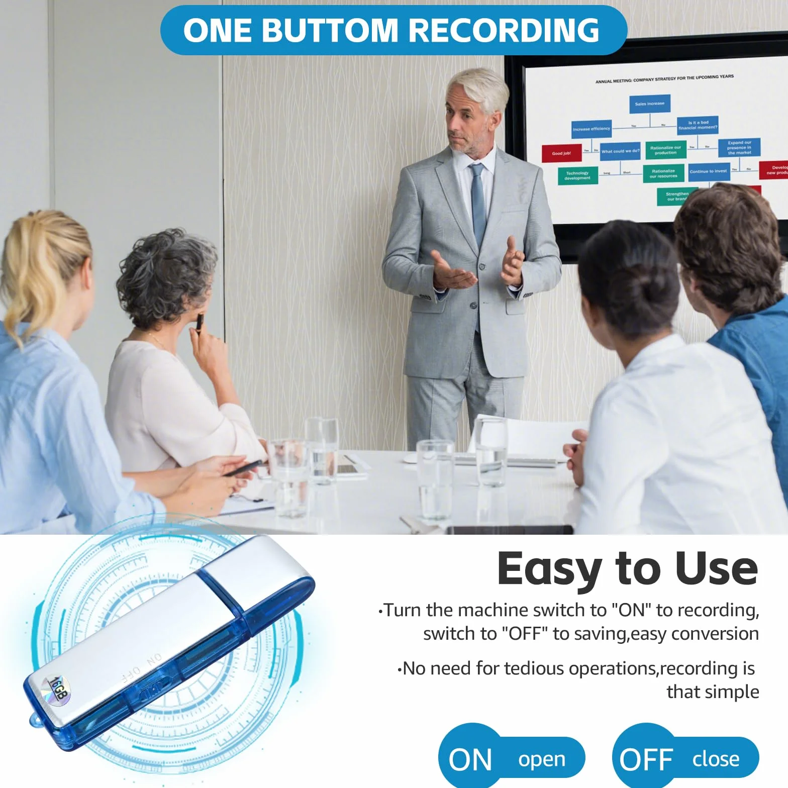 Podazz Mini enregistreur vocal numérique 16 Go 90 heures activation sonore rechargeable USB boîtier métal bleu